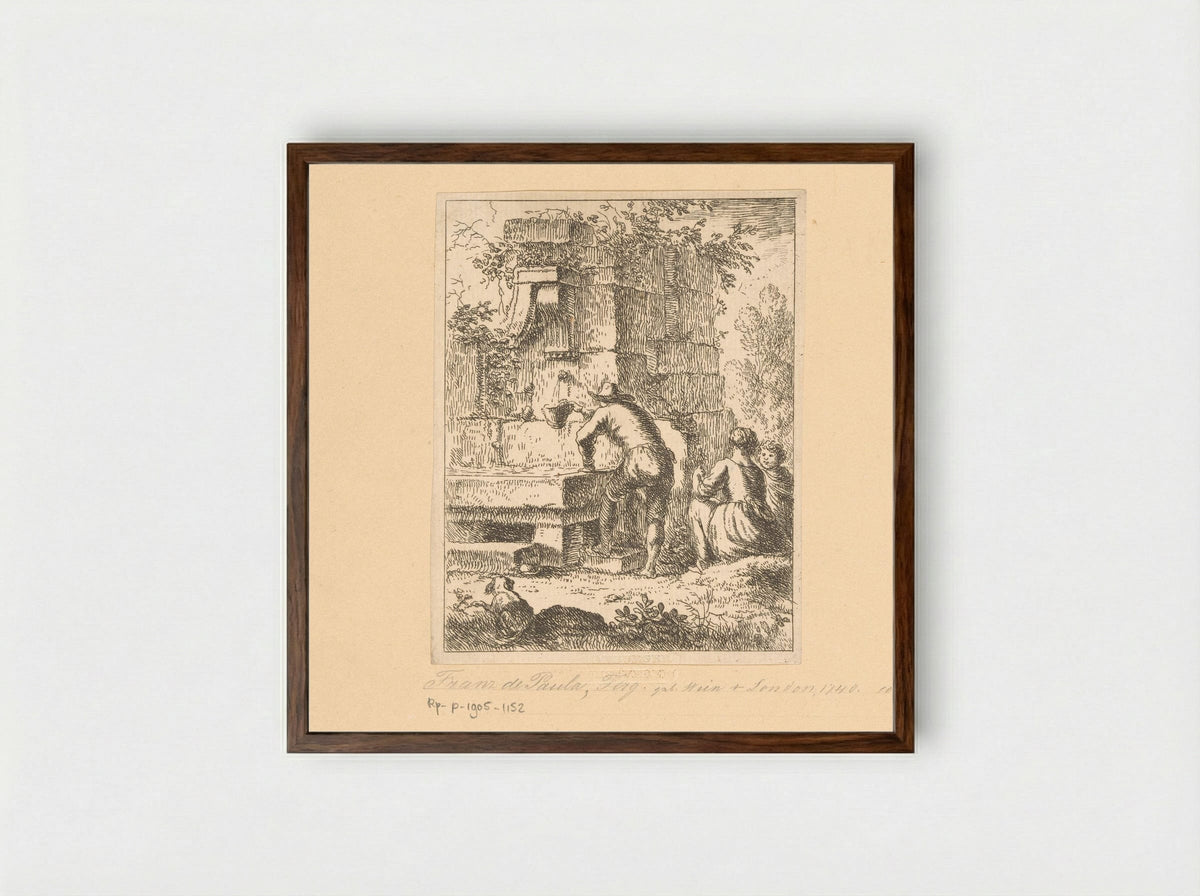 Gezin haalt water bij een ruïne - Franz de Paula Ferg - Framed Print Dark Wood