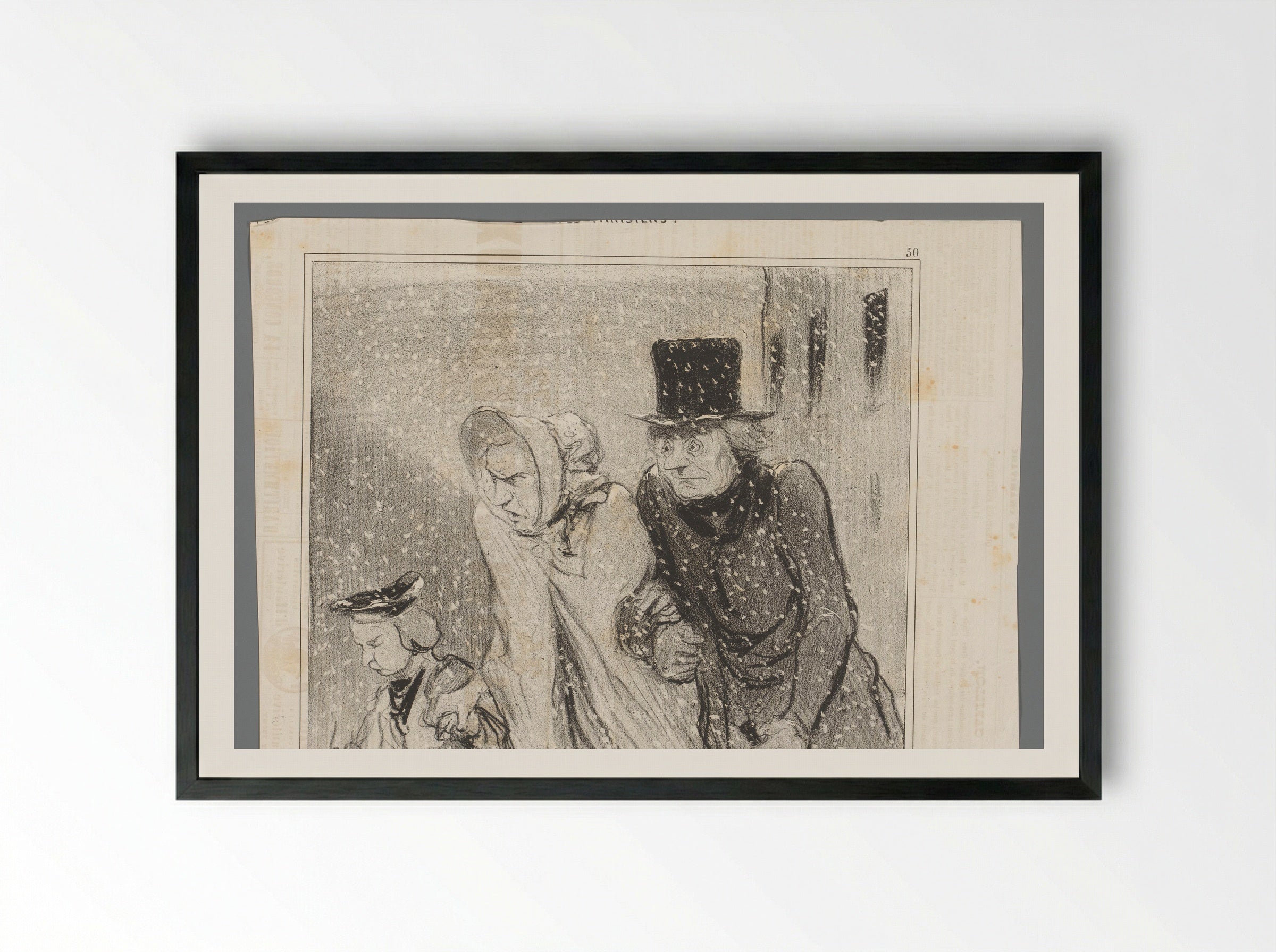 Gezin loopt in een sneeuwstorm - Honoré Daumier - Framed Print Black