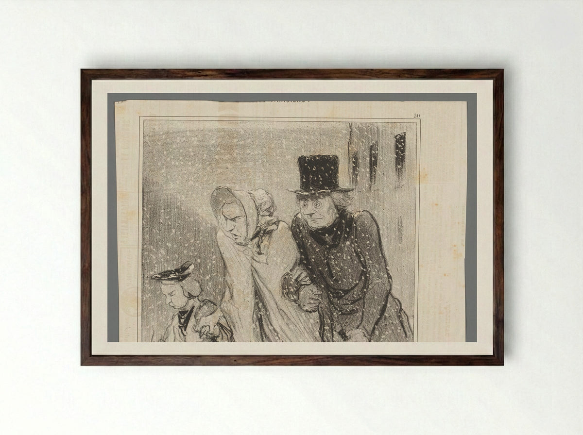 Gezin loopt in een sneeuwstorm - Honoré Daumier - Framed Print Dark Wood