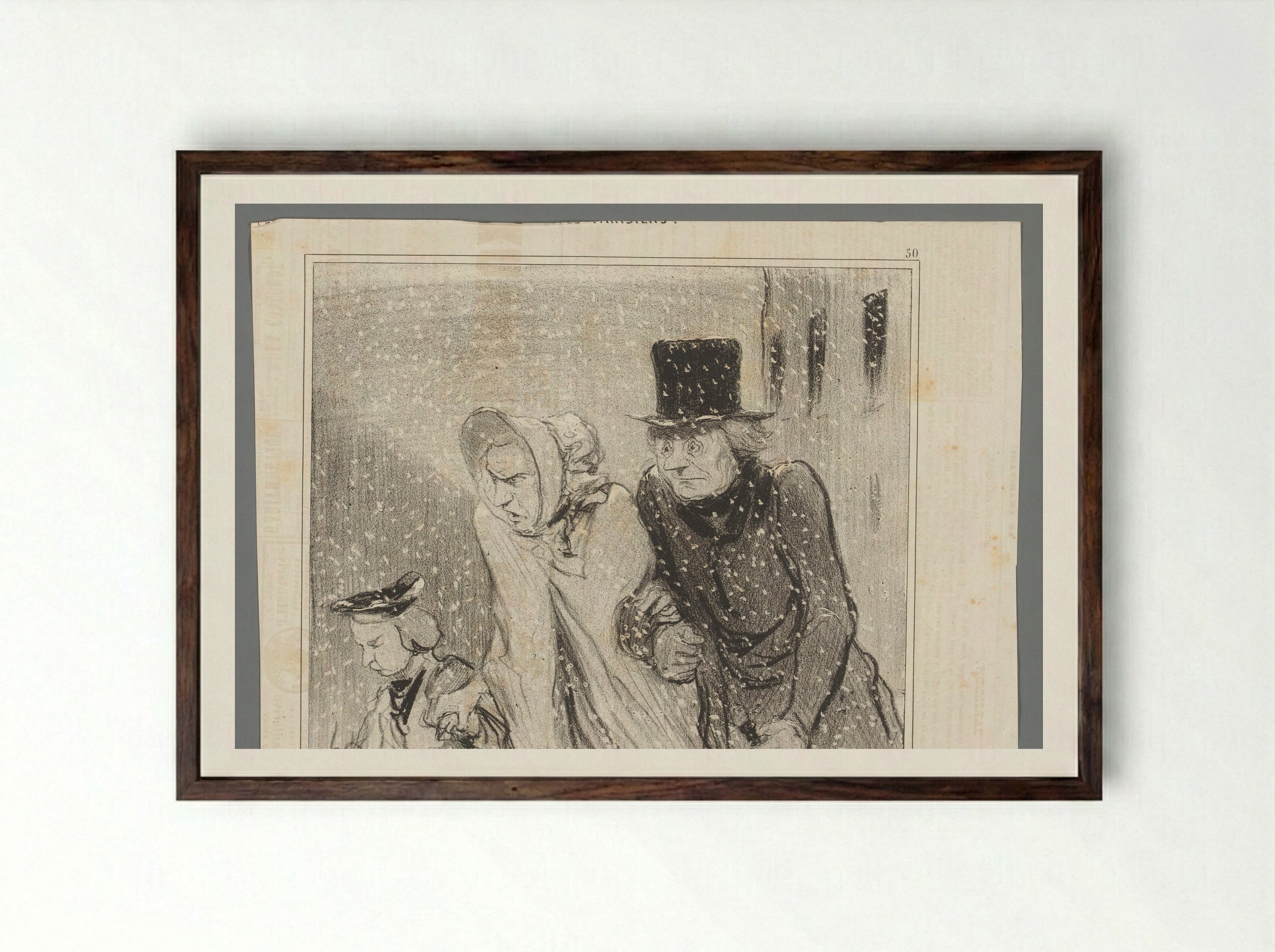 Gezin loopt in een sneeuwstorm - Honoré Daumier - Framed Print Dark Wood
