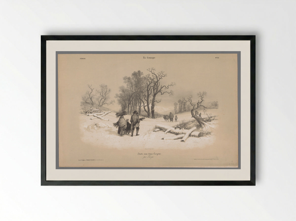 Gezin sprokkelt hout in de sneeuw - Bernard Romain Julien - Framed Print Black