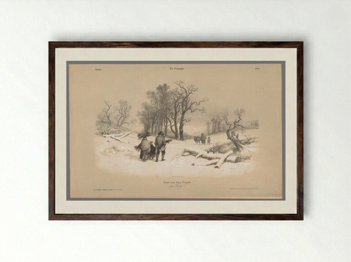Gezin sprokkelt hout in de sneeuw - Bernard Romain Julien - Framed Print Dark Wood