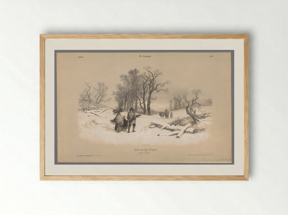 Gezin sprokkelt hout in de sneeuw - Bernard Romain Julien - Framed Print Wood