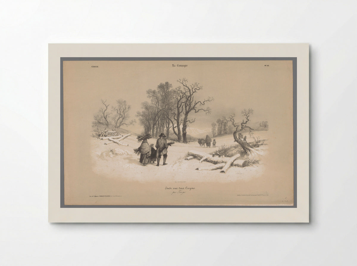 Gezin sprokkelt hout in de sneeuw - Bernard Romain Julien - Poster