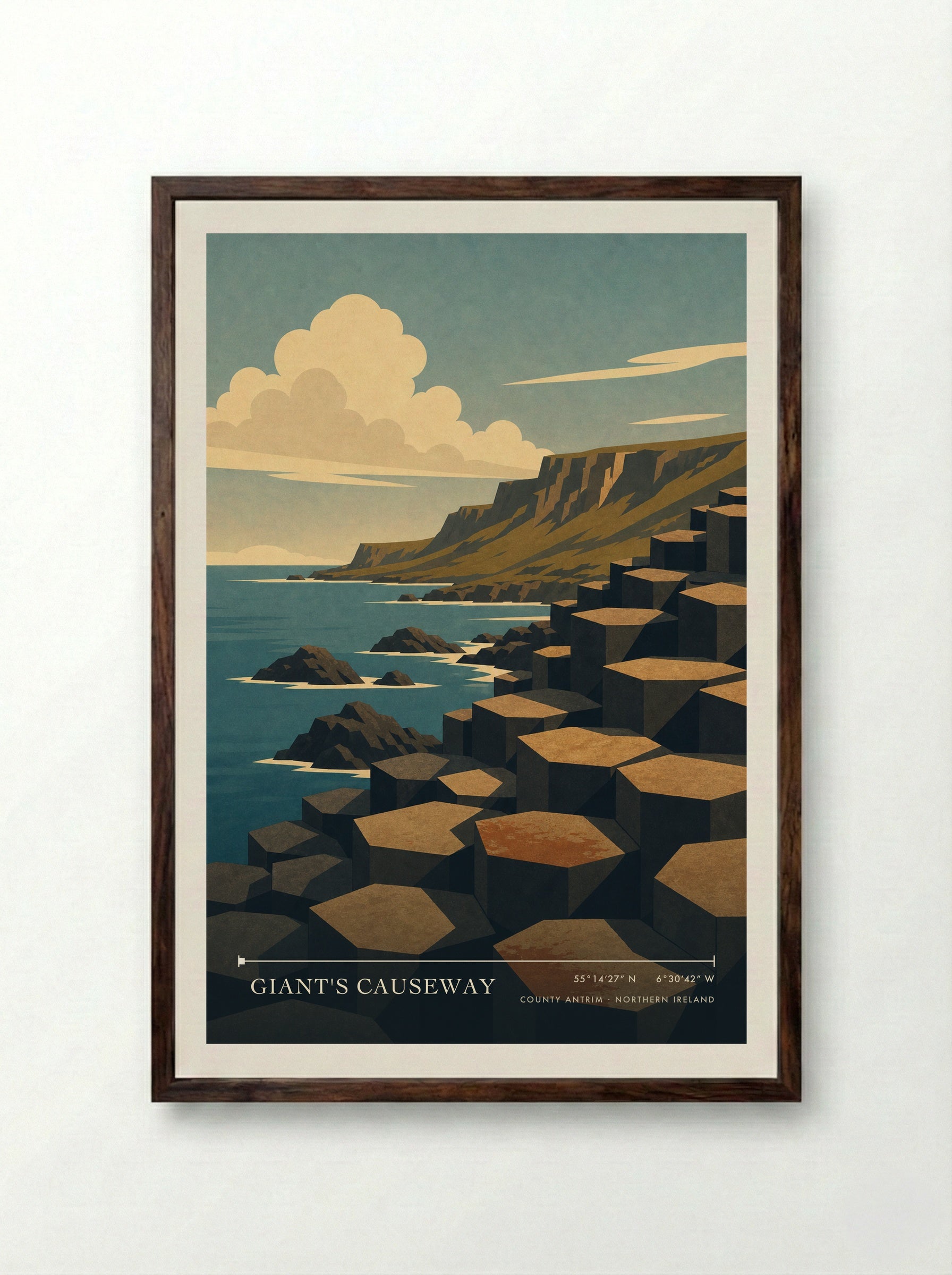 Giant's Causeway Northern Ireland Travel Poster - Framed Print Dark Wood