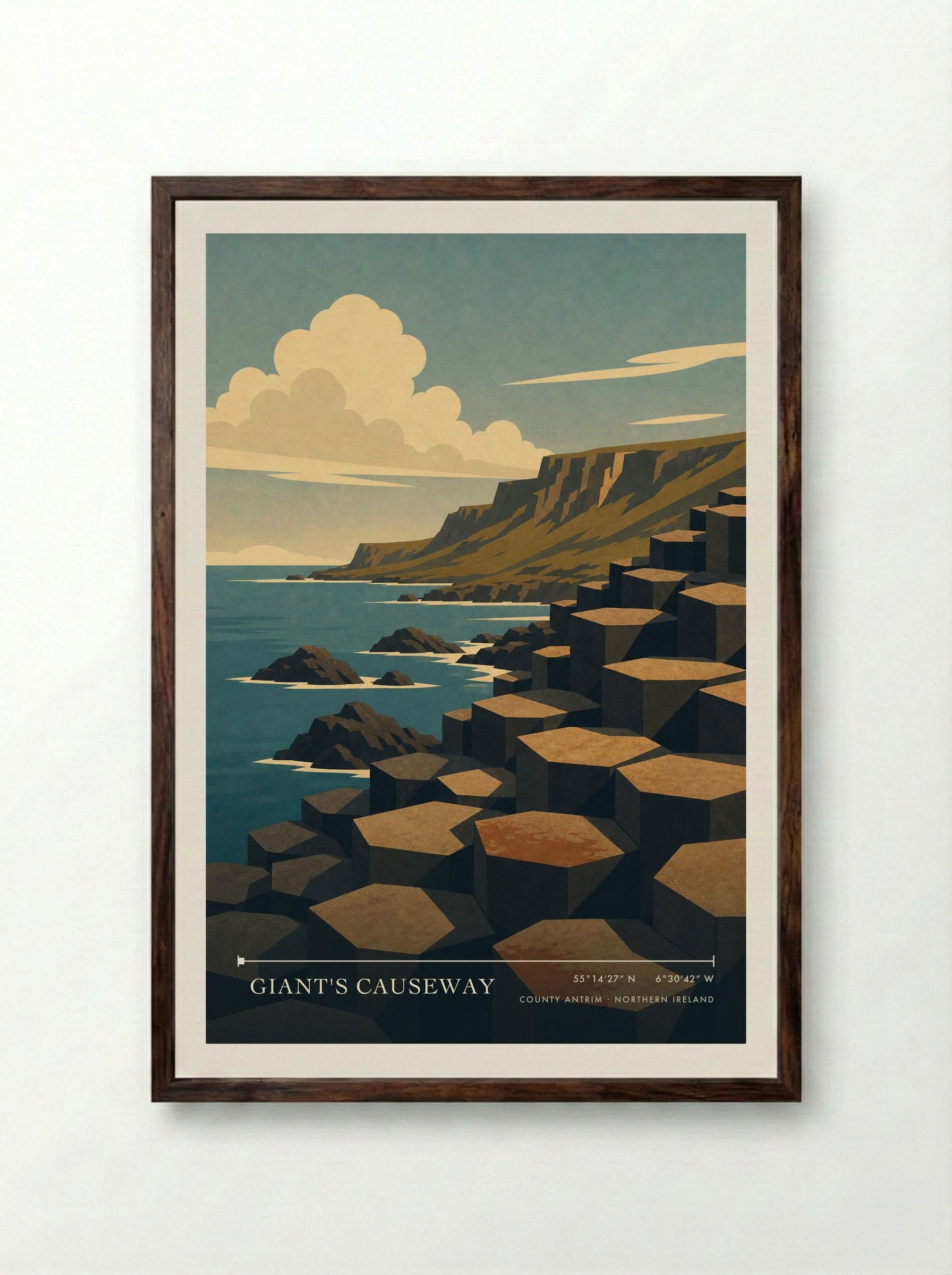 Giant's Causeway Northern Ireland Travel Poster - Framed Print Dark Wood