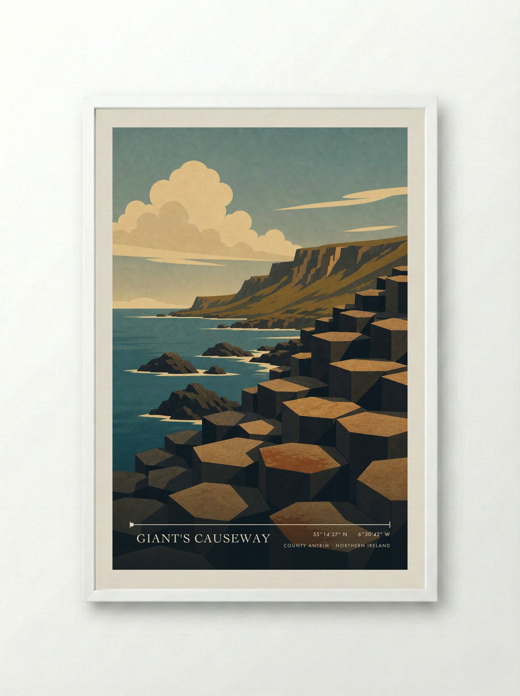 Giant's Causeway Northern Ireland Travel Poster - Framed Print White
