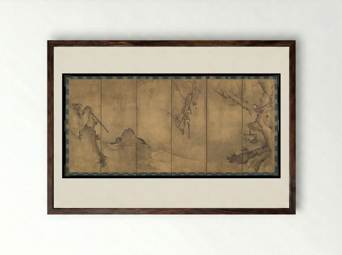 Gibbons in a Landscape - Sesson Shūkei - Framed Print Dark Wood