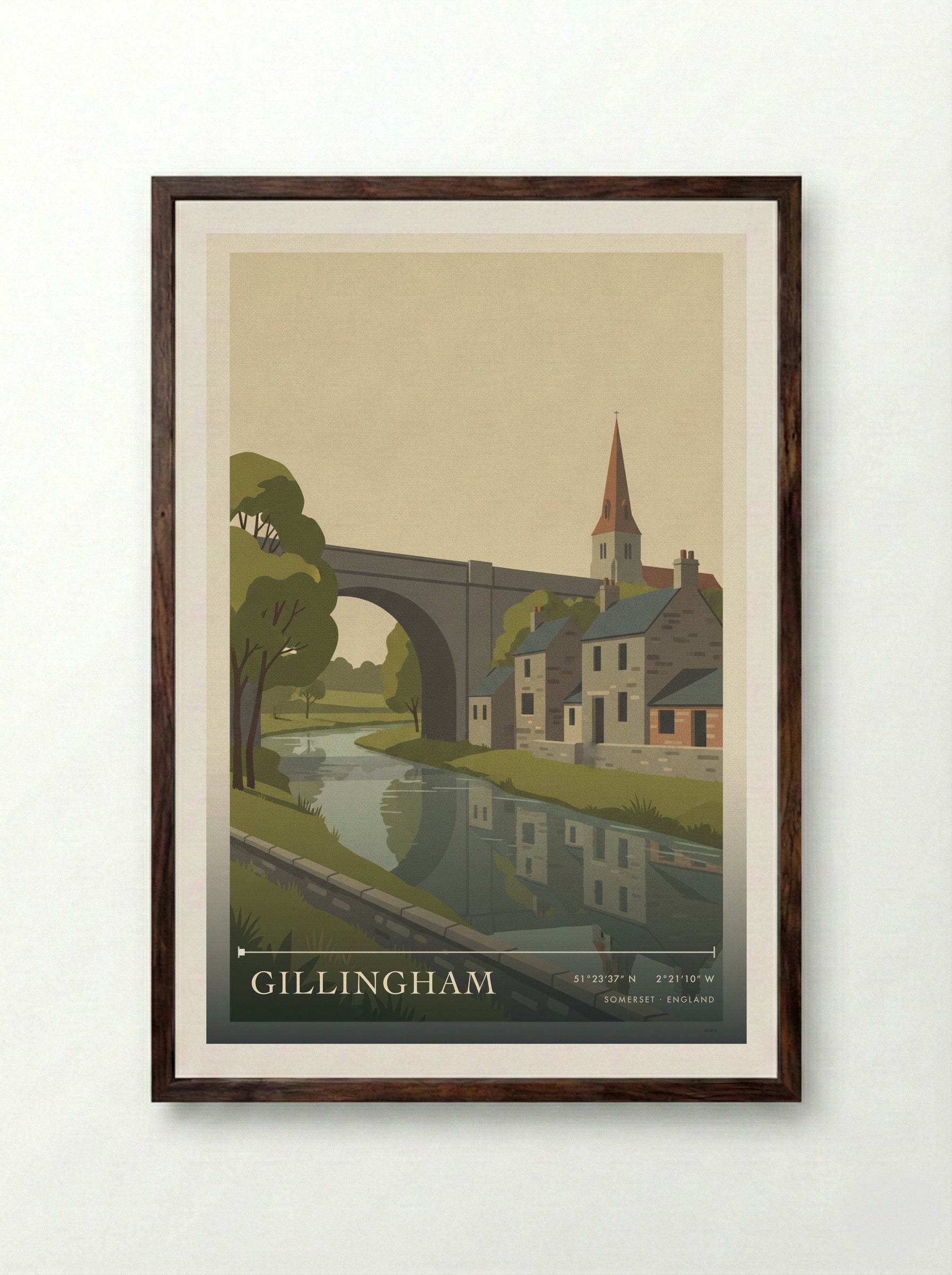 Gillingham Somerset England Travel Poster - Framed Print Dark Wood