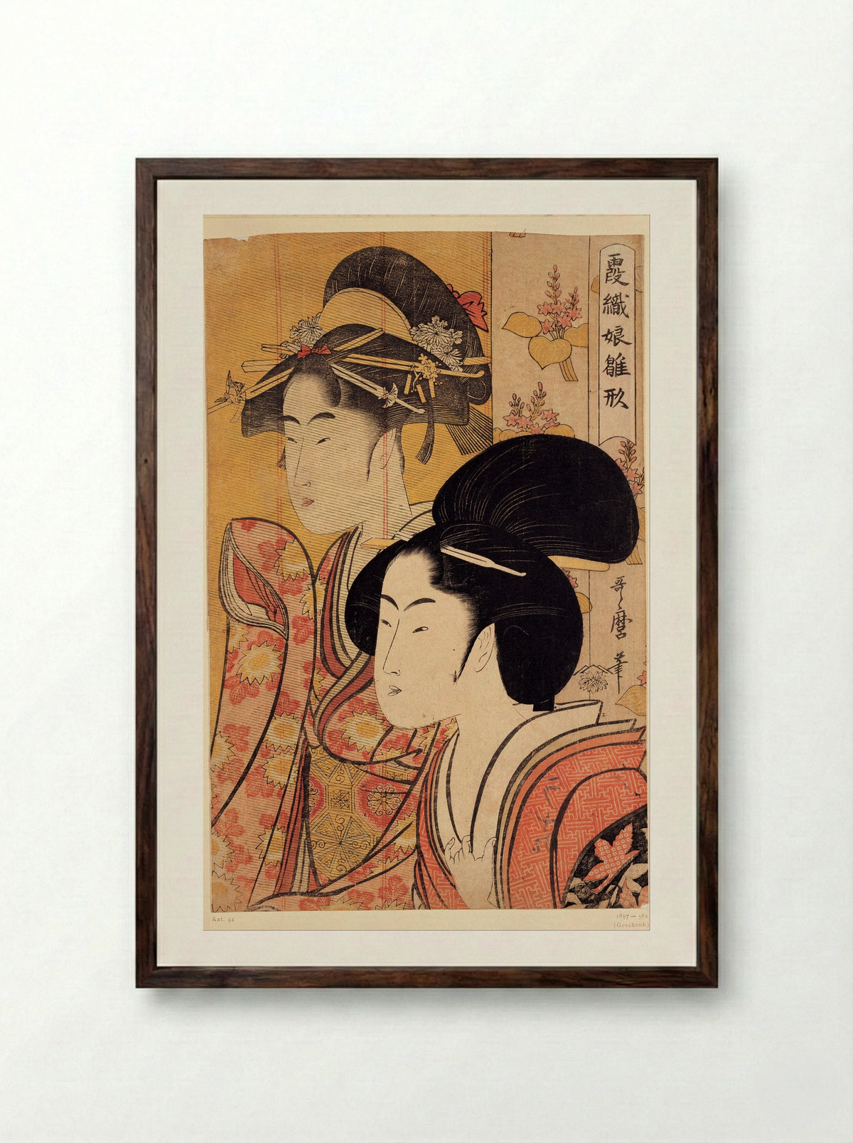 Ginjuro's Wife Oyumi from the Play Whirlpools of Awa - Kitagawa Utamaro - Framed Print Dark Wood