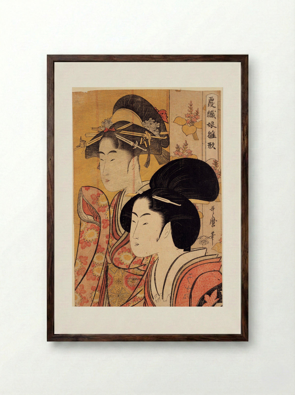 Ginjuro's Wife Oyumi from the Play Whirlpools of Awa - Kitagawa Utamaro - Framed Print Dark Wood