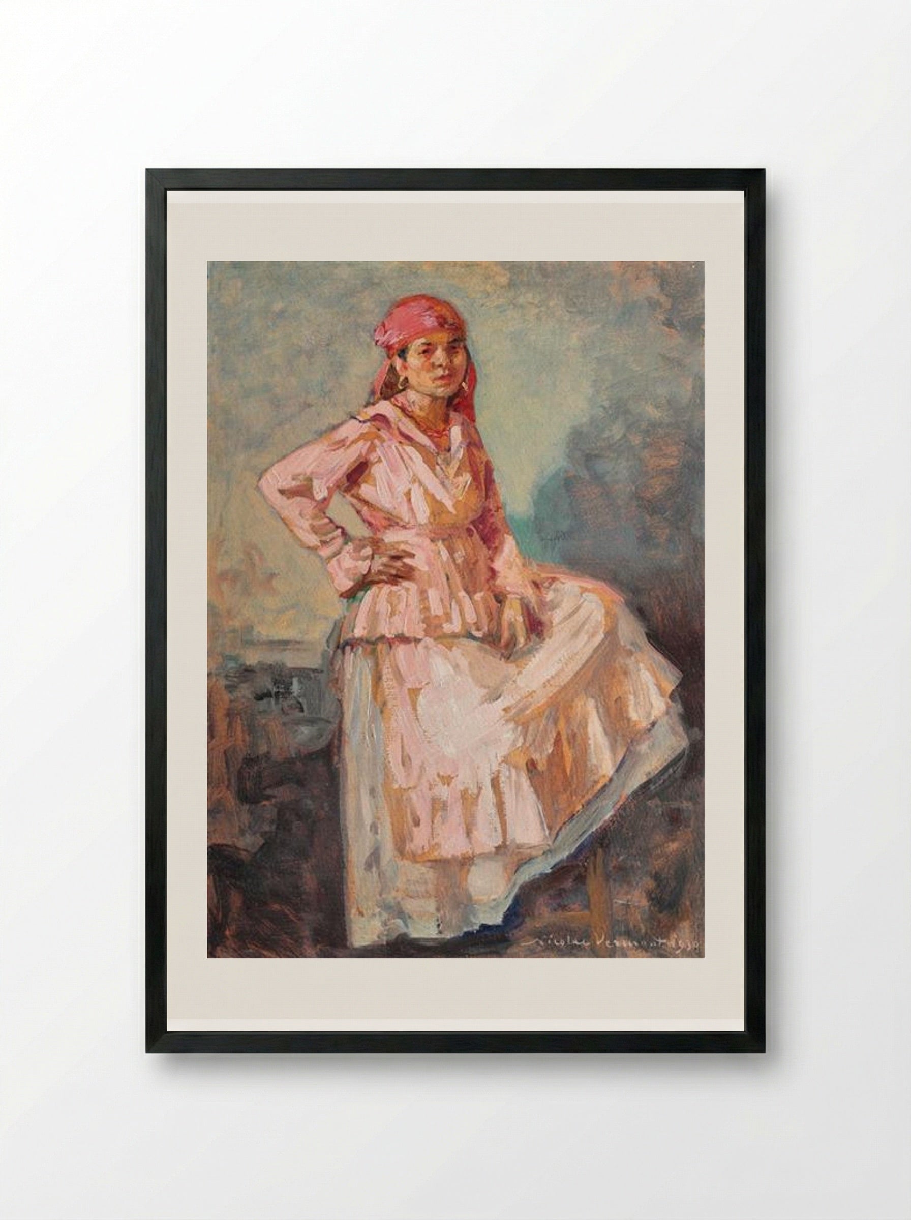 Gipsy Woman with Red Scarf - Nicolae Vermont - Framed Print Black