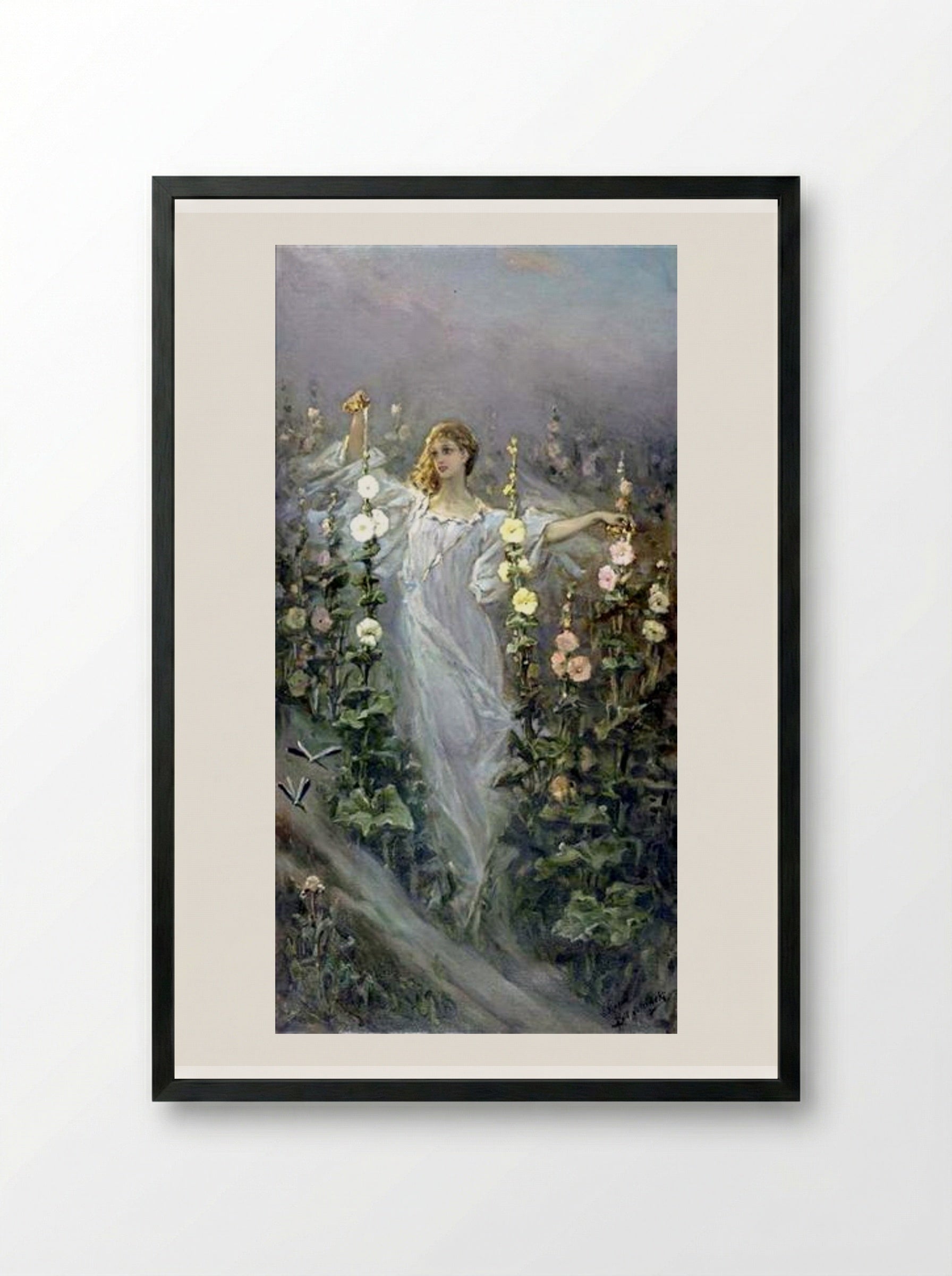 Girl Between Hollyhocks - Wilhelm Kotarbinski - Framed Print Black