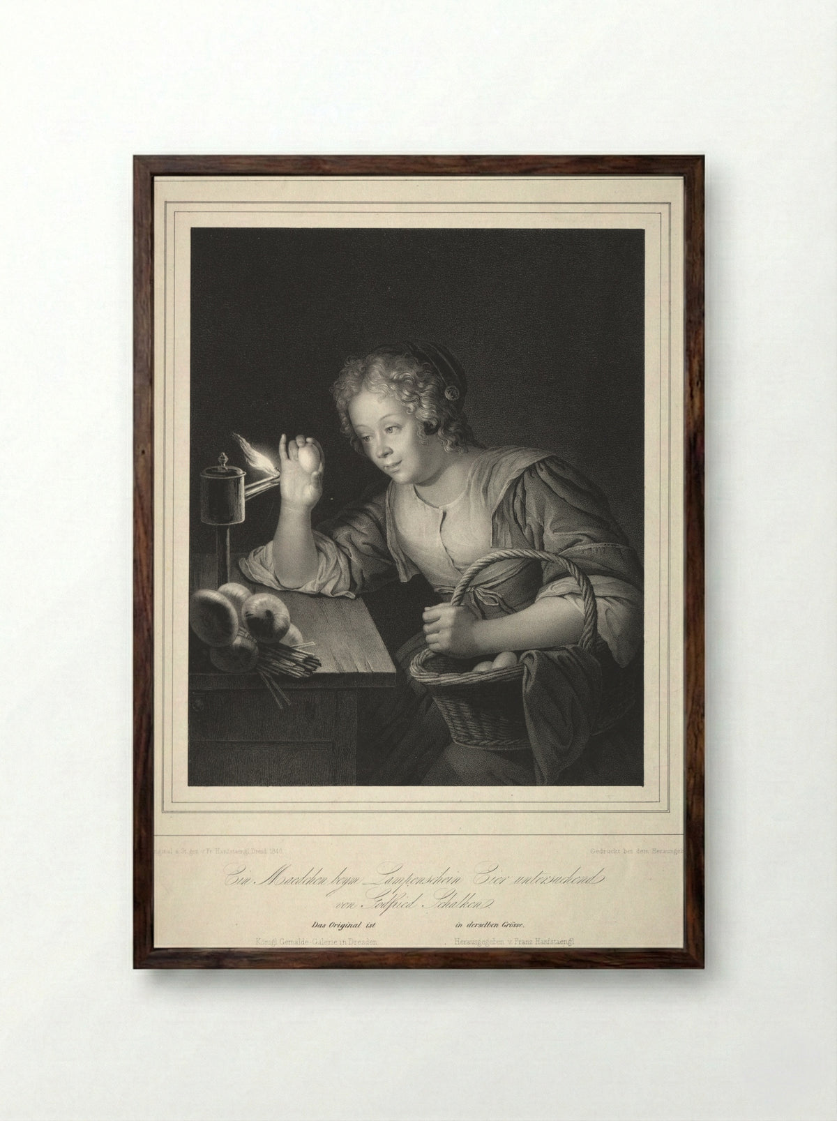 Girl Candling Eggs - Franz Seraph Hanfstaengl - Framed Print Dark Wood