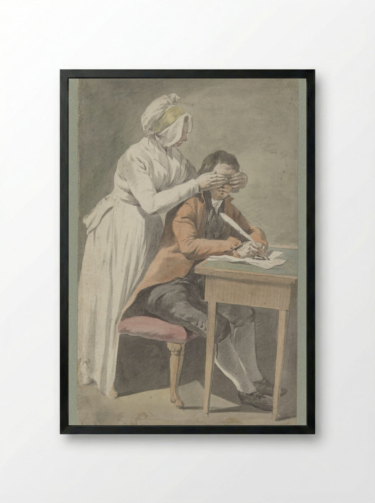 Girl Covering the Eyes of a Young Man - Etienne Jeaurat - Framed Print Black
