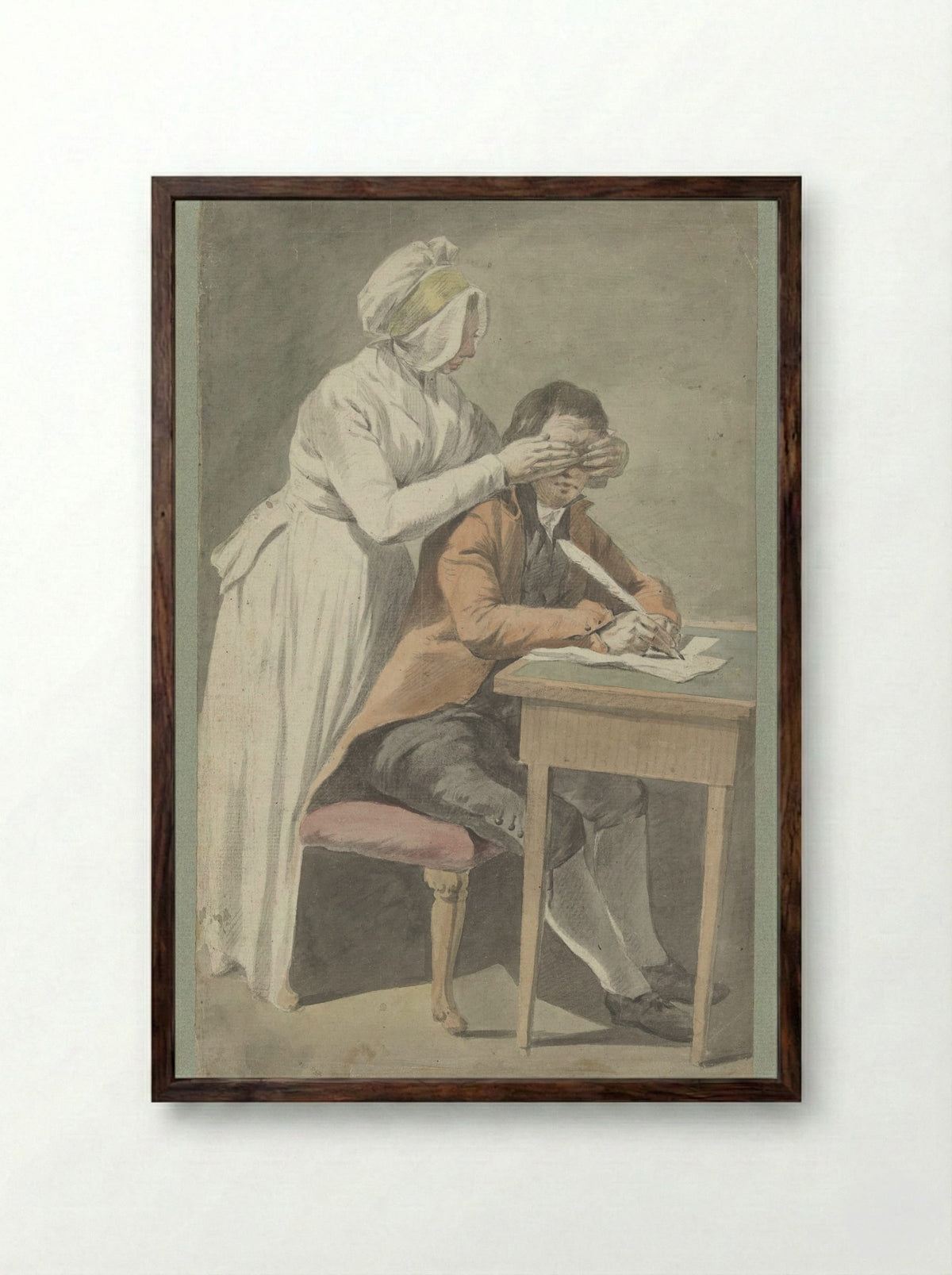 Girl Covering the Eyes of a Young Man - Etienne Jeaurat - Framed Print Dark Wood