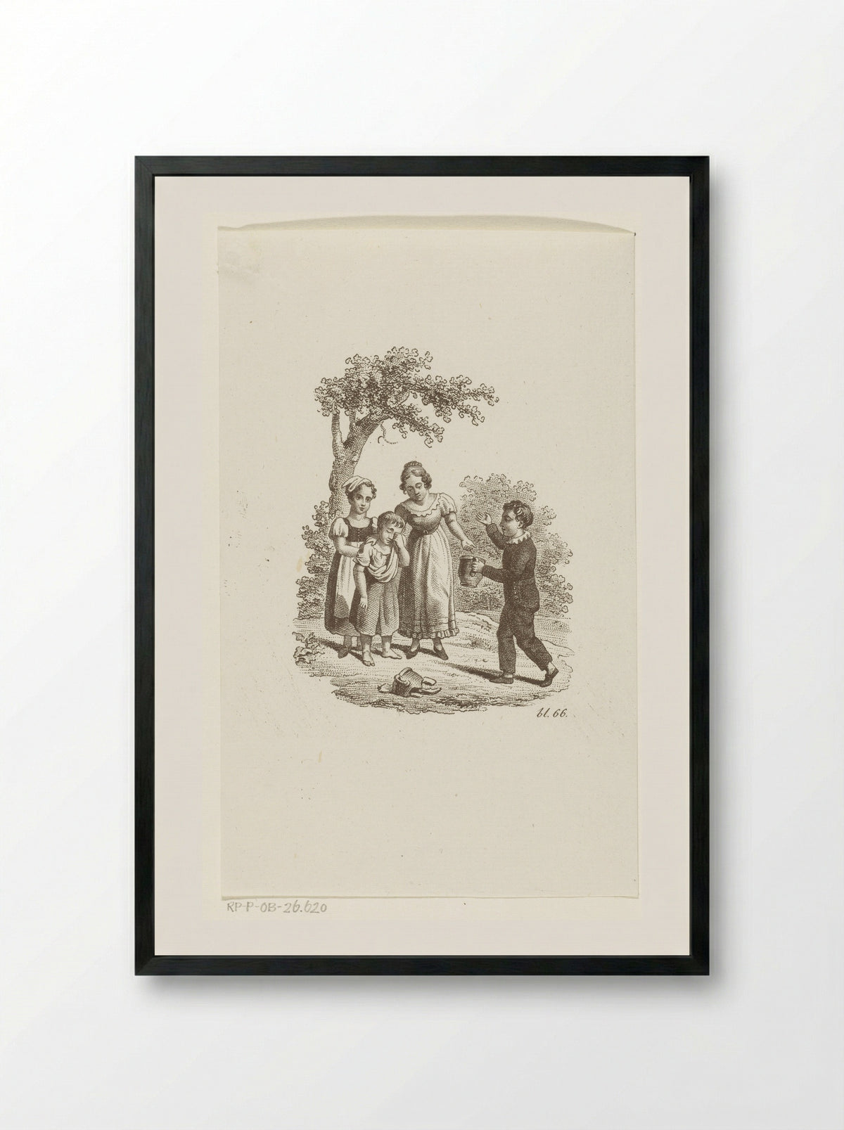 Girl Crying Over a Broken Pitcher and a Boy Offering a Replacement - Johannes Alexander Rudolf Best - Framed Print Black