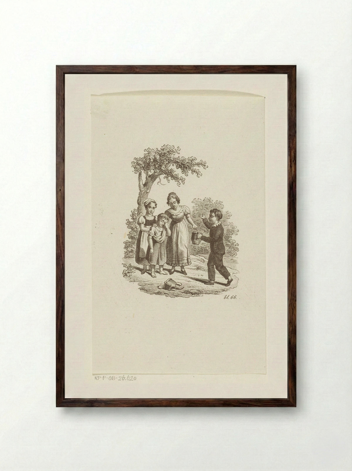 Girl Crying Over a Broken Pitcher and a Boy Offering a Replacement - Johannes Alexander Rudolf Best - Framed Print Dark Wood