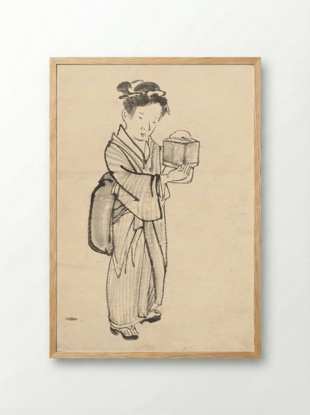 Girl Holding a Cricket Cage - Kono Bairei - Framed Print Wood