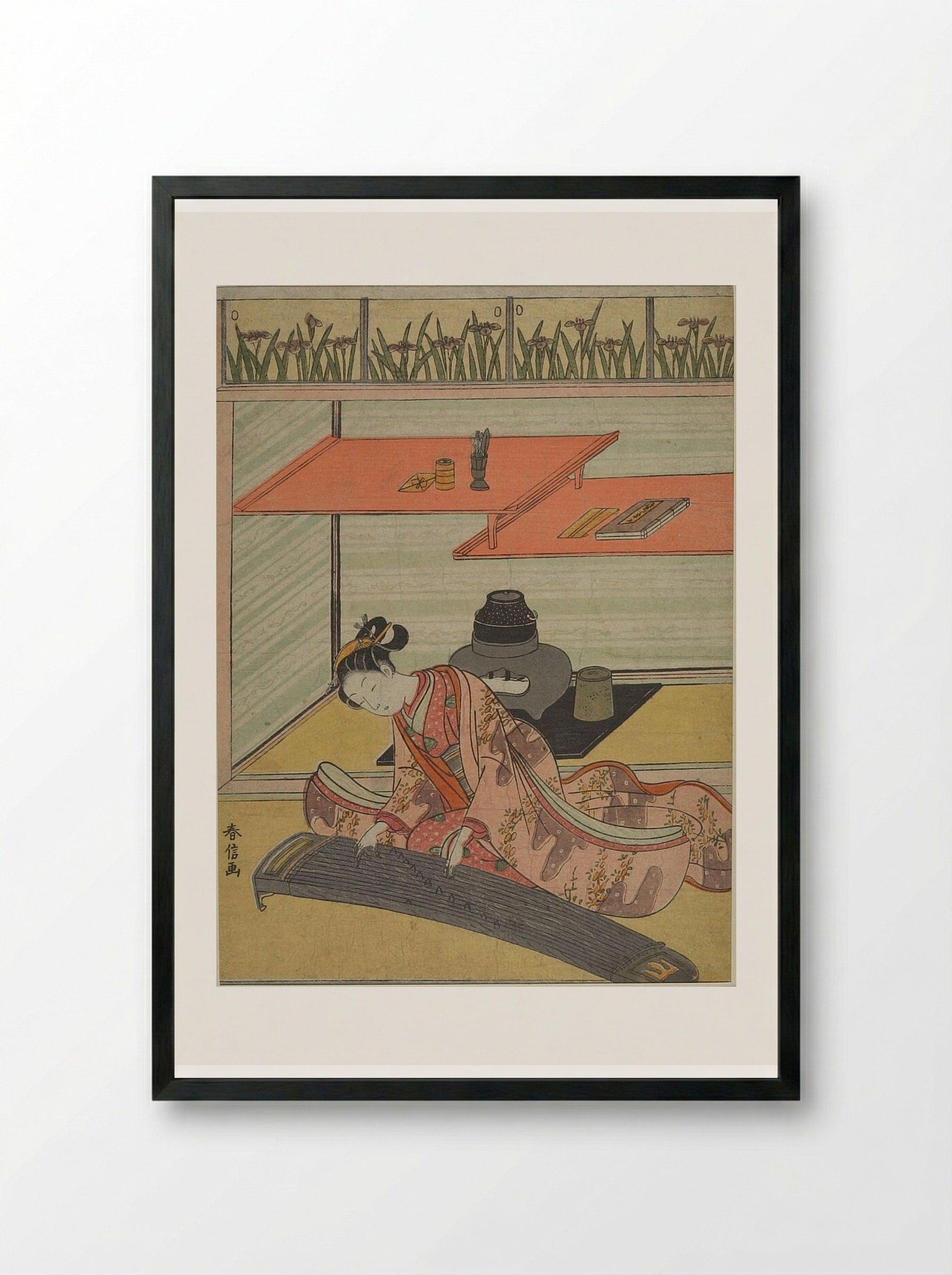 Girl Playing Koto by Chigaidana - Suzuki Harunobu - Framed Print Black
