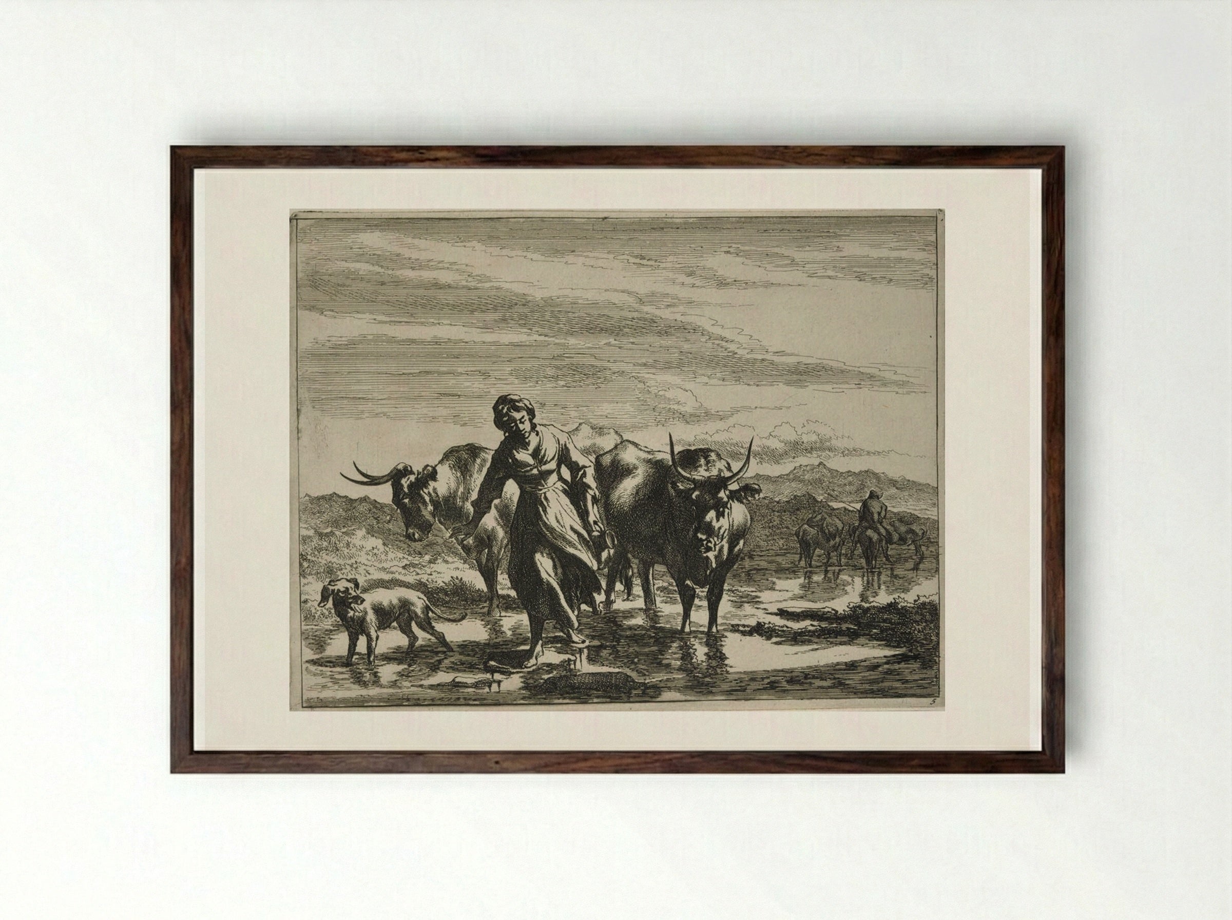 Girl Tripping Over Dry Spots in a Ford - Johannes Visscher - Framed Print Dark Wood