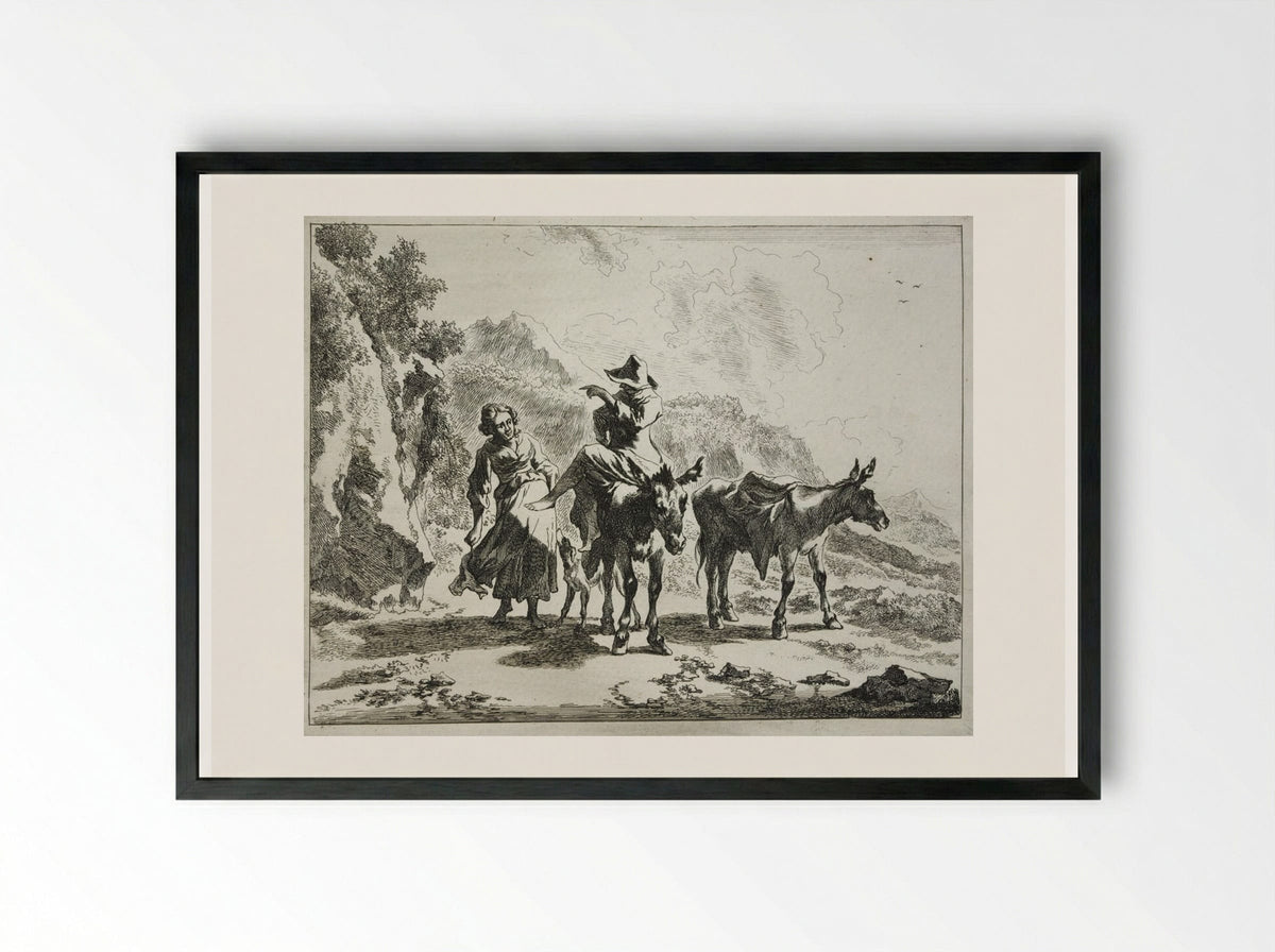 Girl Walking Next to Young Herdsman Riding a Donkey - Johannes Visscher - Framed Print Black