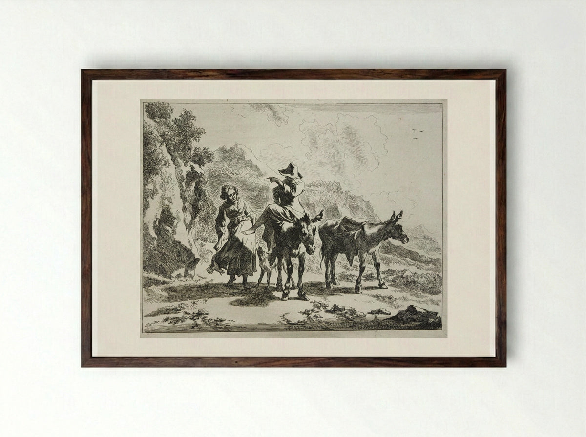 Girl Walking Next to Young Herdsman Riding a Donkey - Johannes Visscher - Framed Print Dark Wood