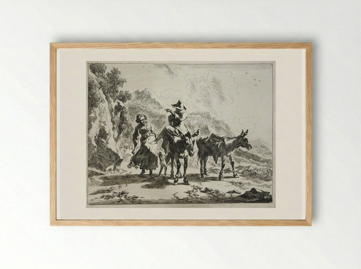 Girl Walking Next to Young Herdsman Riding a Donkey - Johannes Visscher - Framed Print Wood