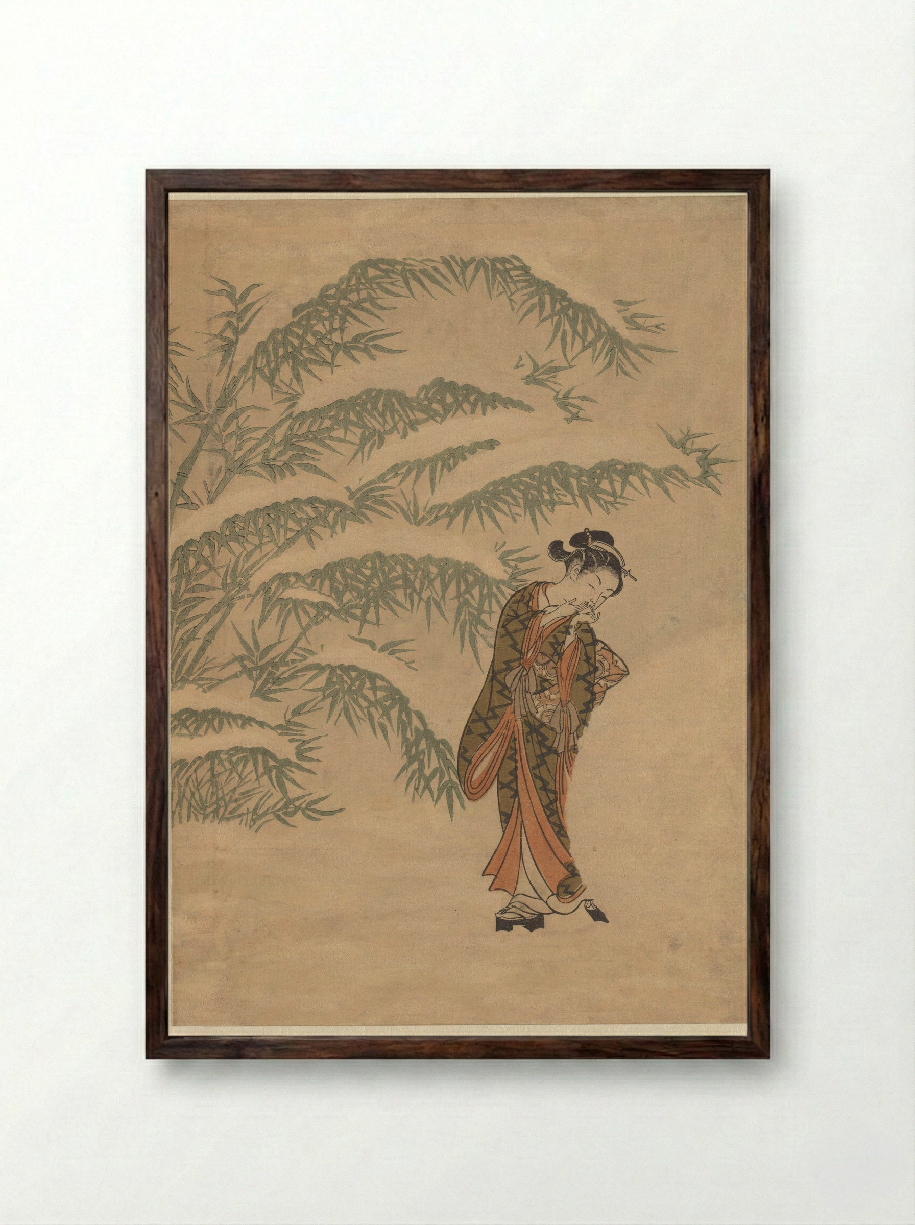 Girl Warming Her Hands with a Snowball - Suzuki Harunobu - Framed Print Dark Wood