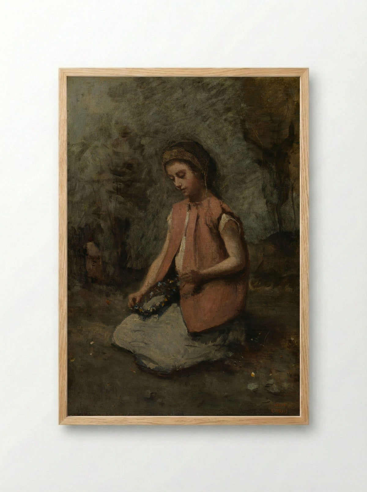 Girl Weaving a Garland - Camille Corot - Framed Print Wood