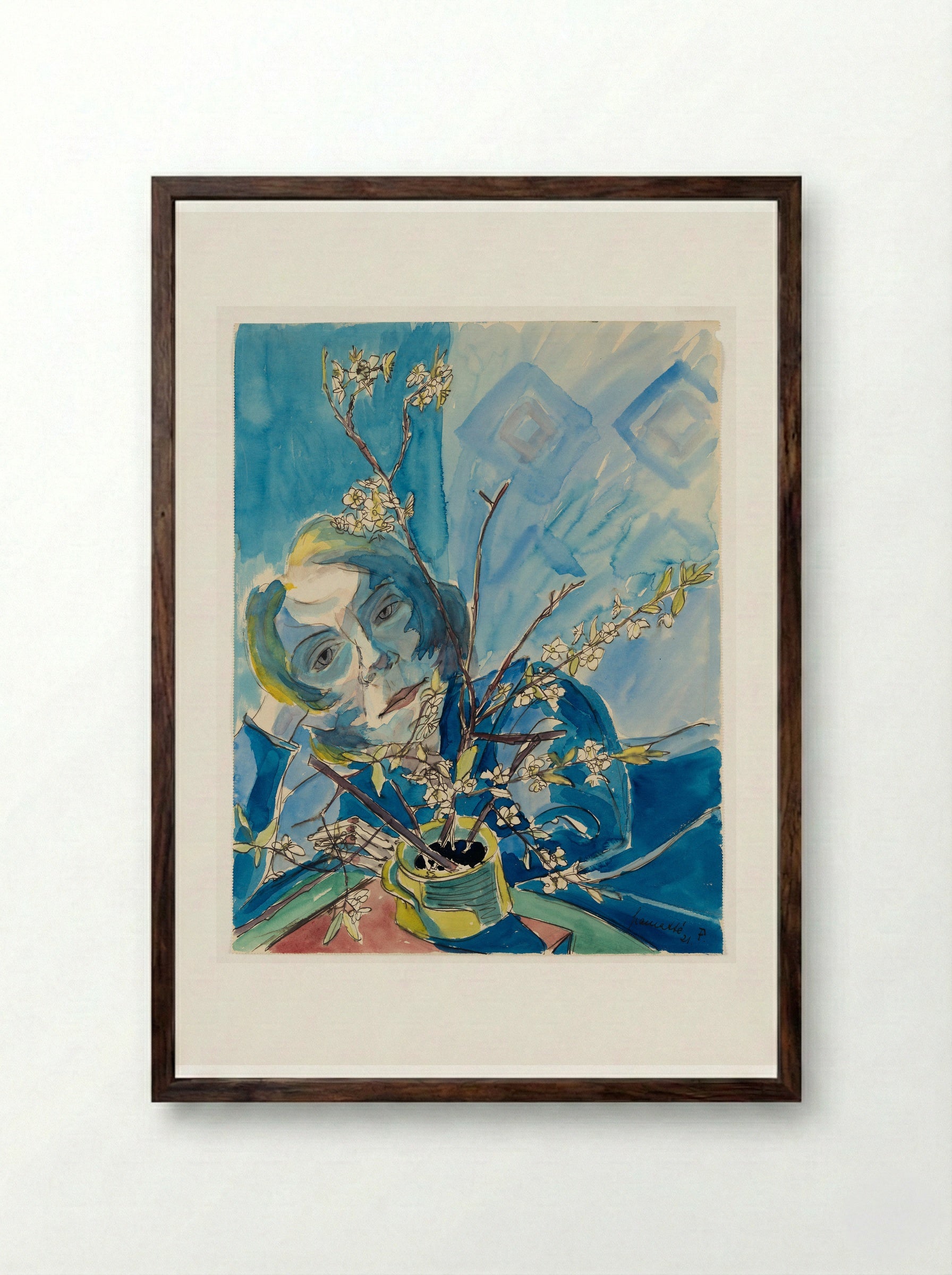 Girl with Cherry Blossoms (Sonia Gramatté) - Walter Gramatté - Framed Print Dark Wood