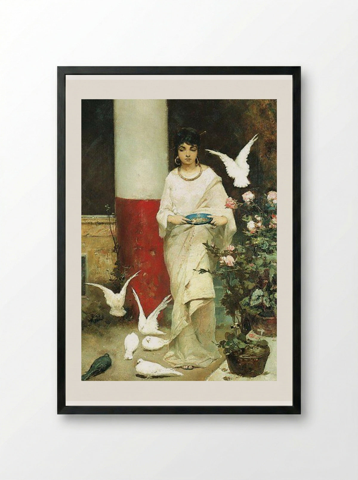 Girl with Pigeons - Wilhelm Kotarbinski - Framed Print Black