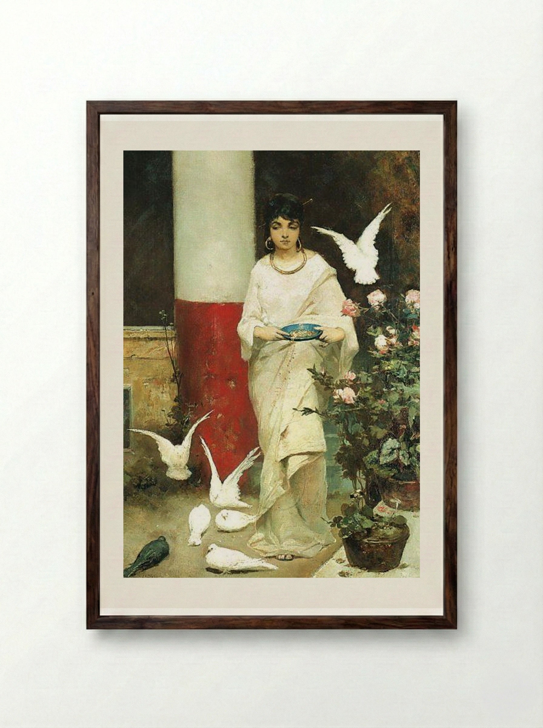Girl with Pigeons - Wilhelm Kotarbinski - Framed Print Dark Wood
