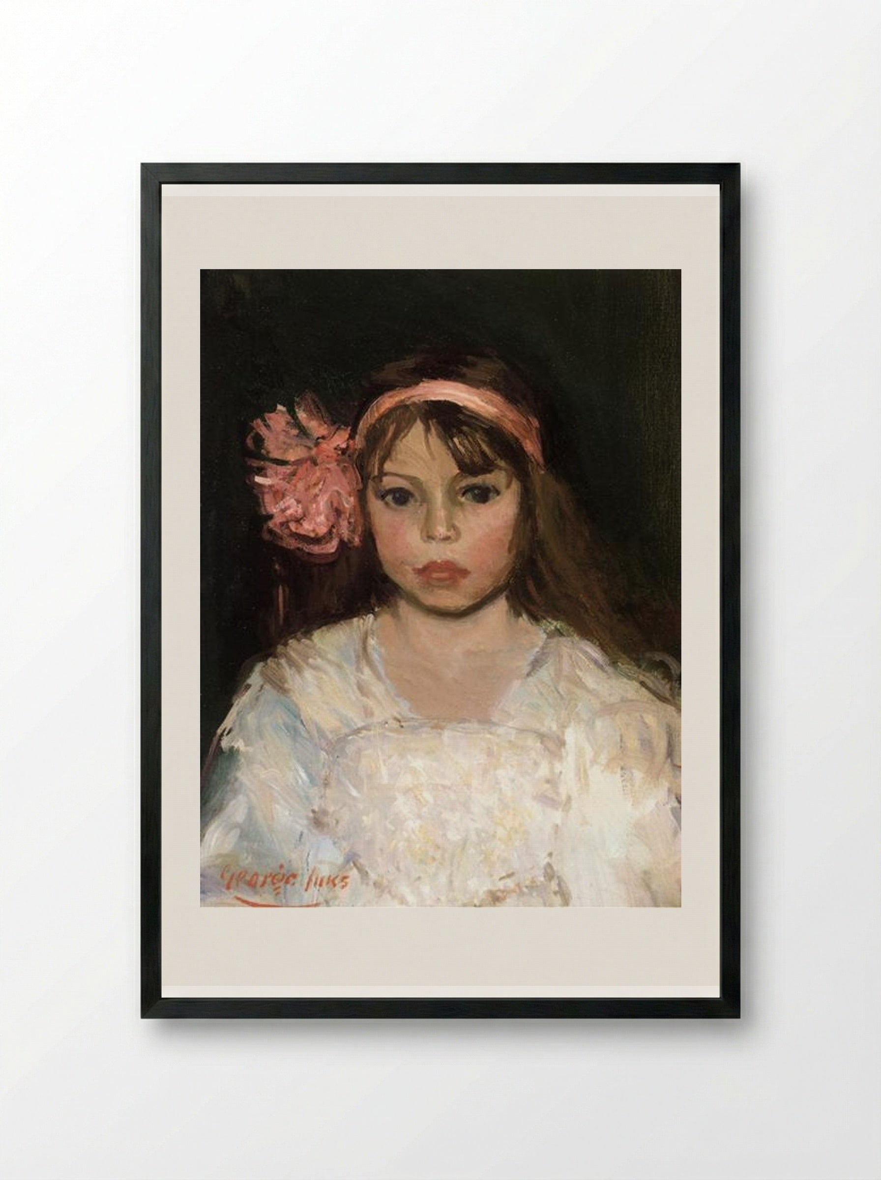 Girl with Pink Ribbon - George Luks - Framed Print Black