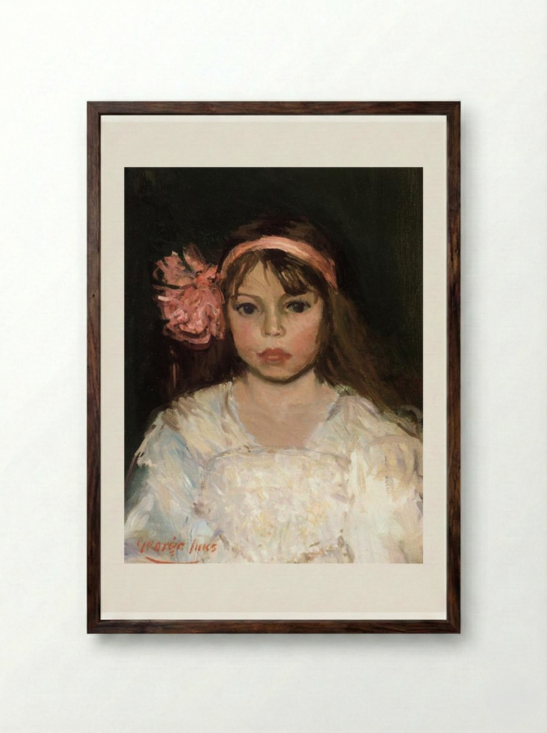 Girl with Pink Ribbon - George Luks - Framed Print Dark Wood