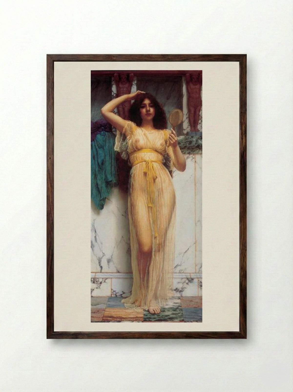 Girl with a Mirror - John William Godward - Framed Print Dark Wood