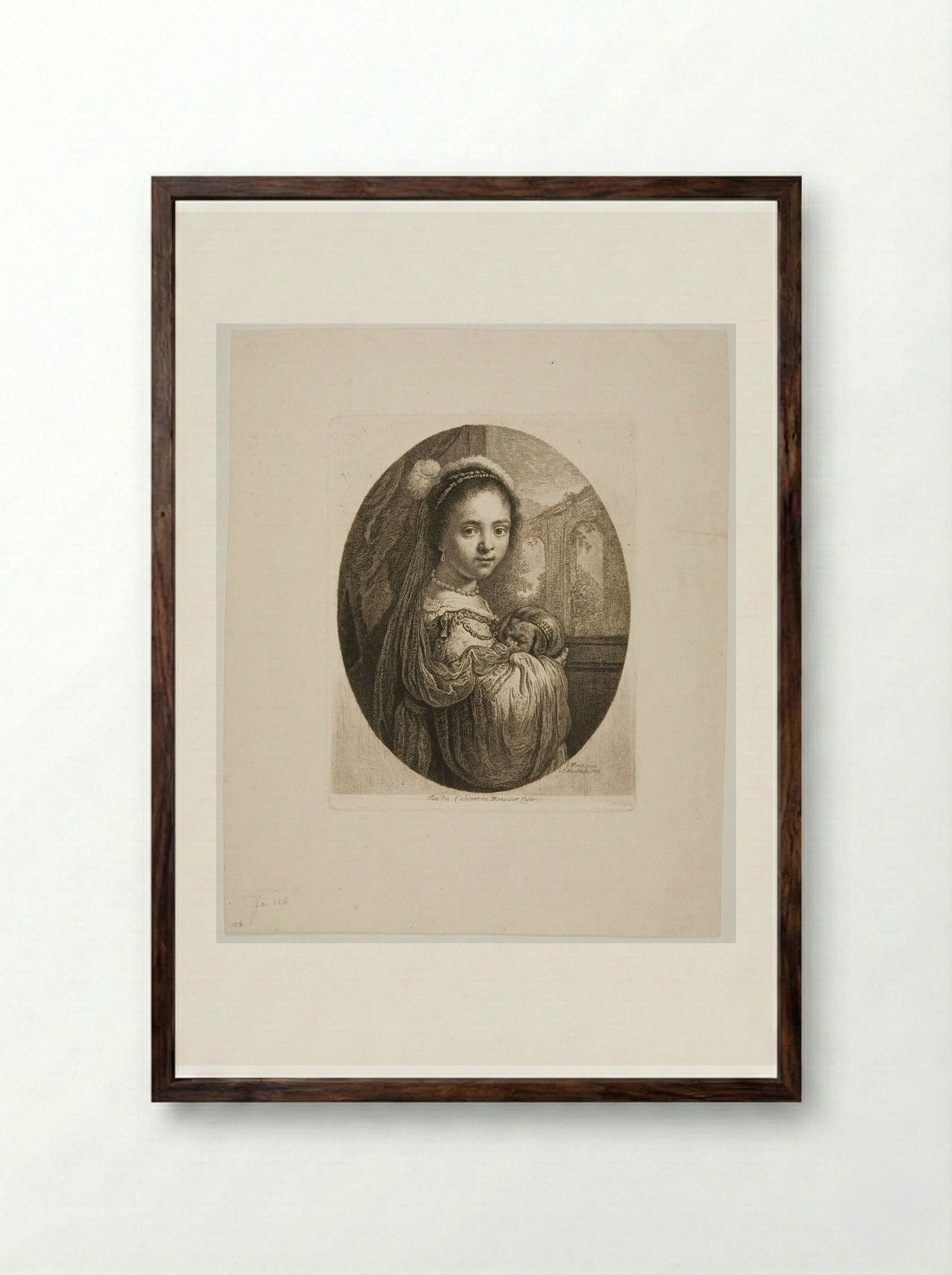 Girl with a Pug-Dog in Her Arms - Georg Friedrich Schmidt - Framed Print Dark Wood