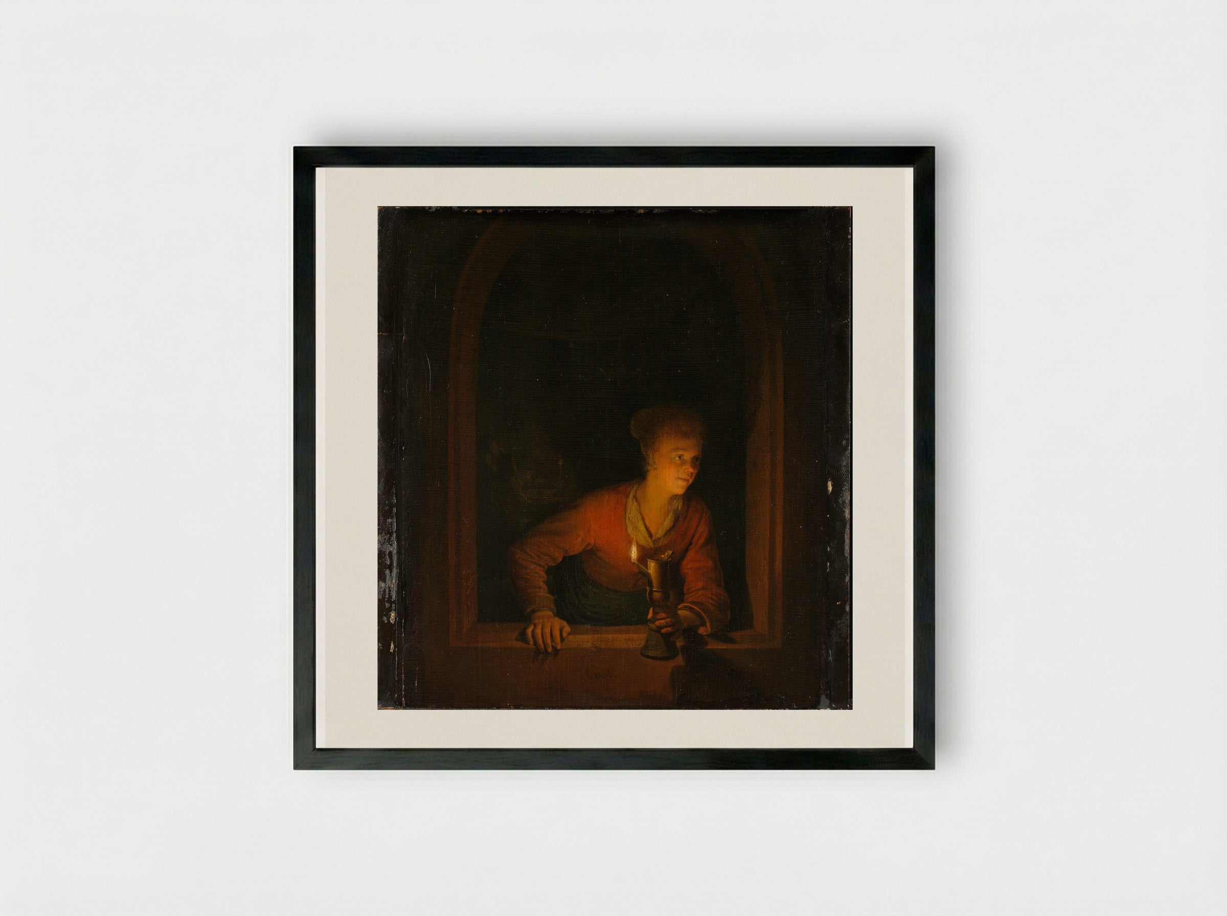 Girl with an Oil Lamp at a Window - Gerrit Dou - Framed Print Black