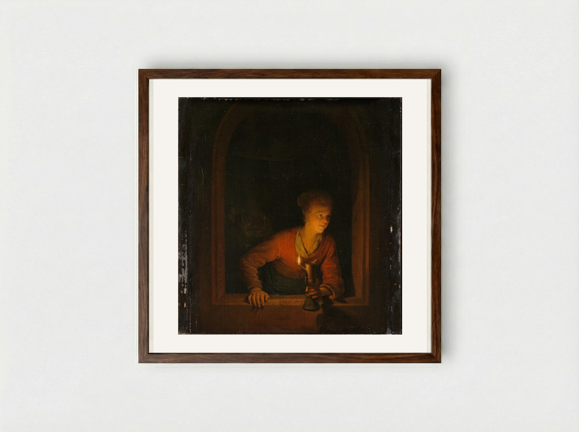 Girl with an Oil Lamp at a Window - Gerrit Dou - Framed Print Dark Wood