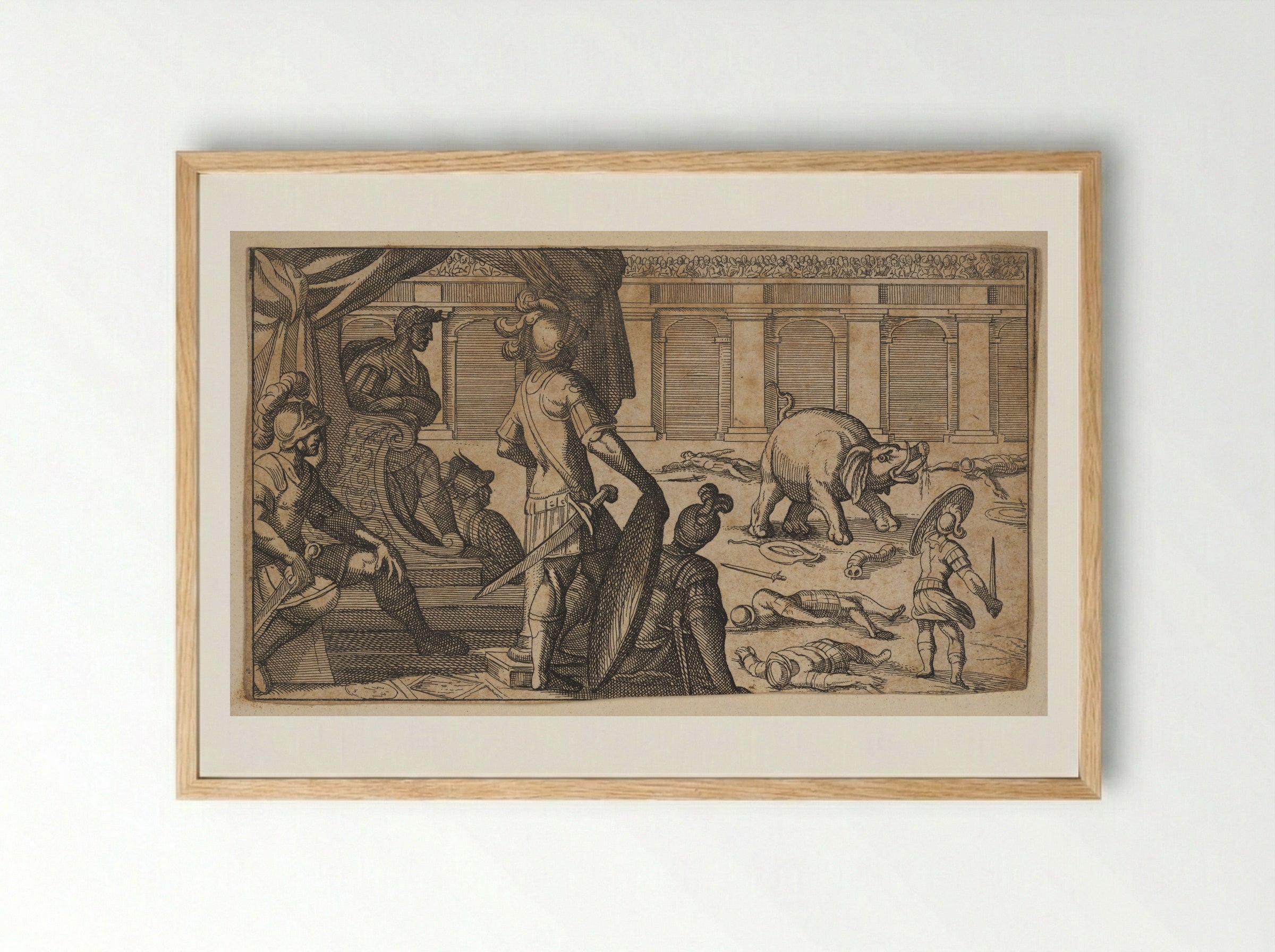 Gladiators Fighting an Elephant in an Arena - Antonio Tempesta - Framed Print Wood