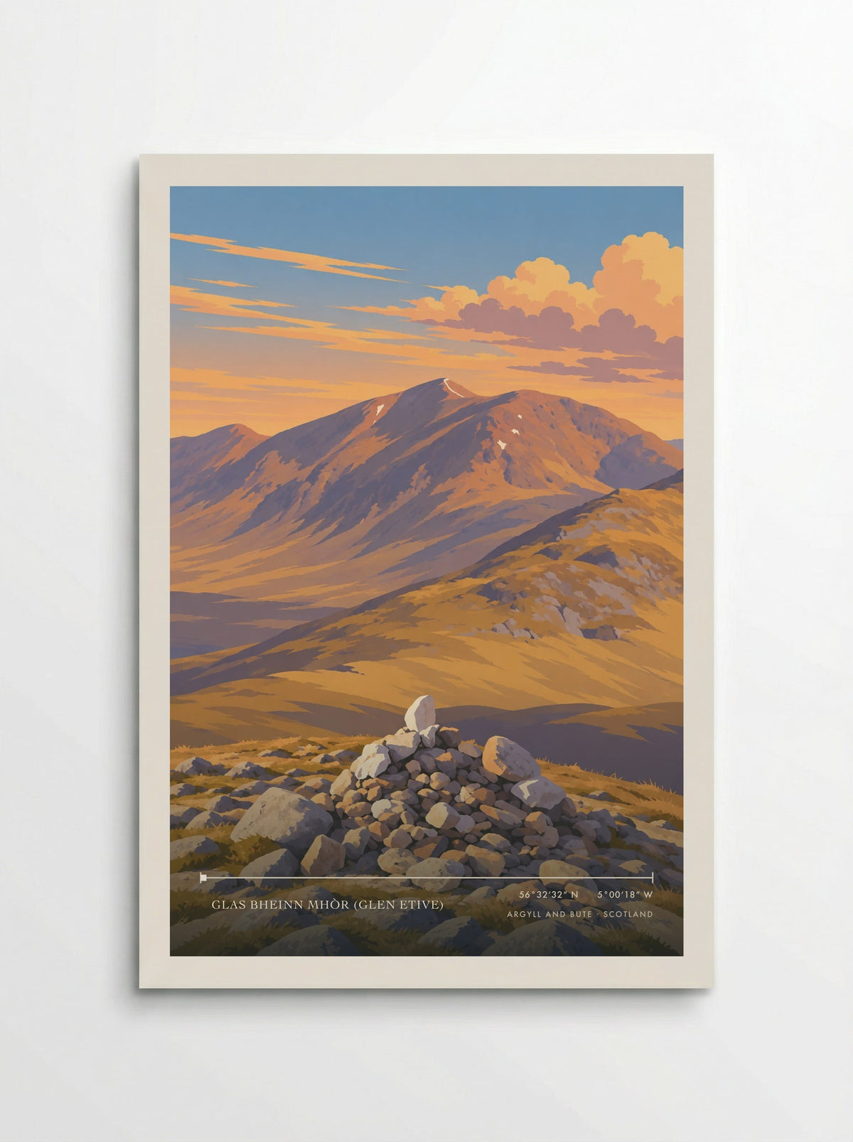 Glas Bheinn Mhòr (Glen Etive), Argyll and Bute travel poster: a rough foreground cairn, golden mountain slopes and mauve shadows beneath peach evening clouds