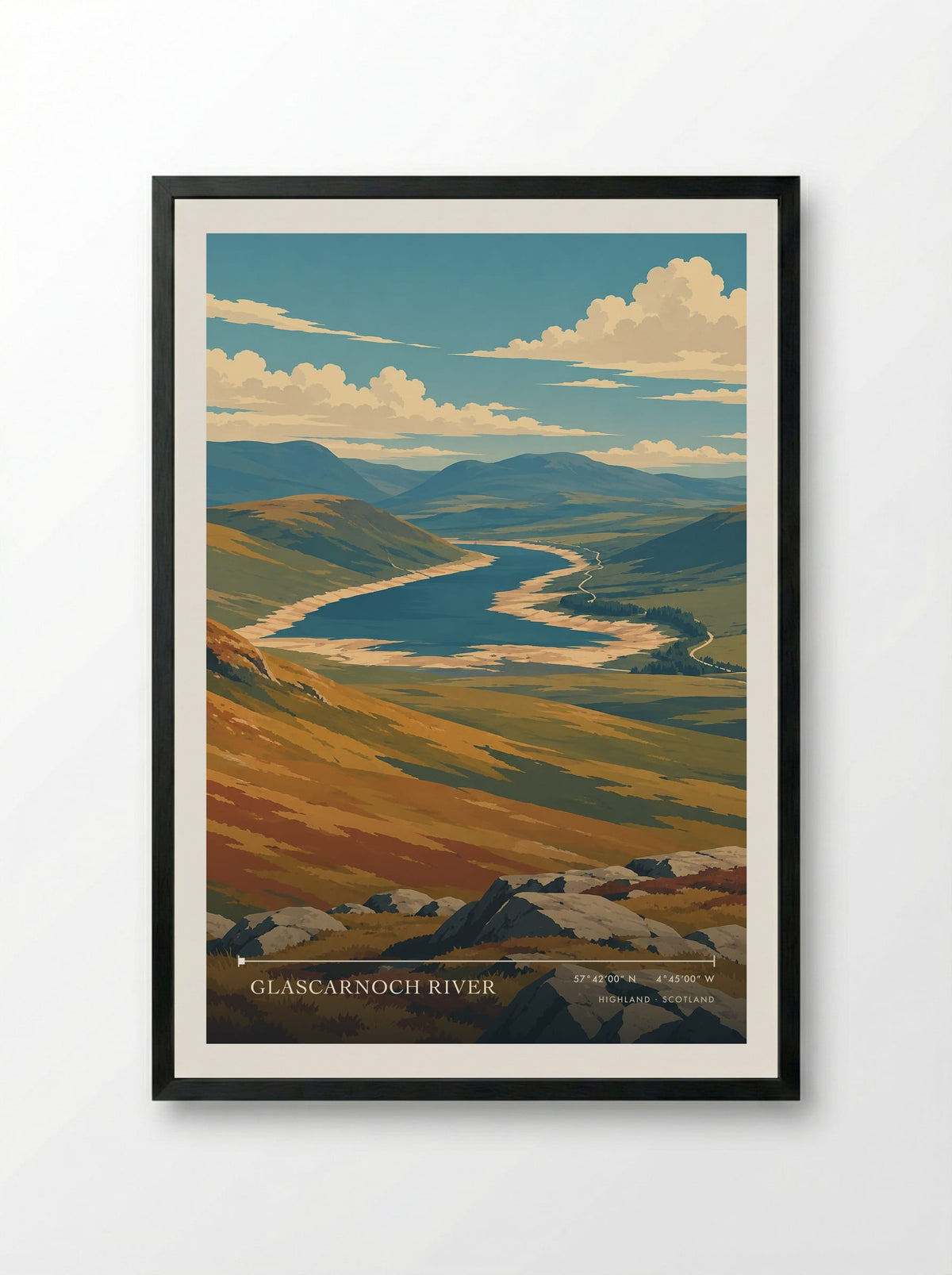 Glascarnoch River, Highland | Travel Poster - Framed Print Black
