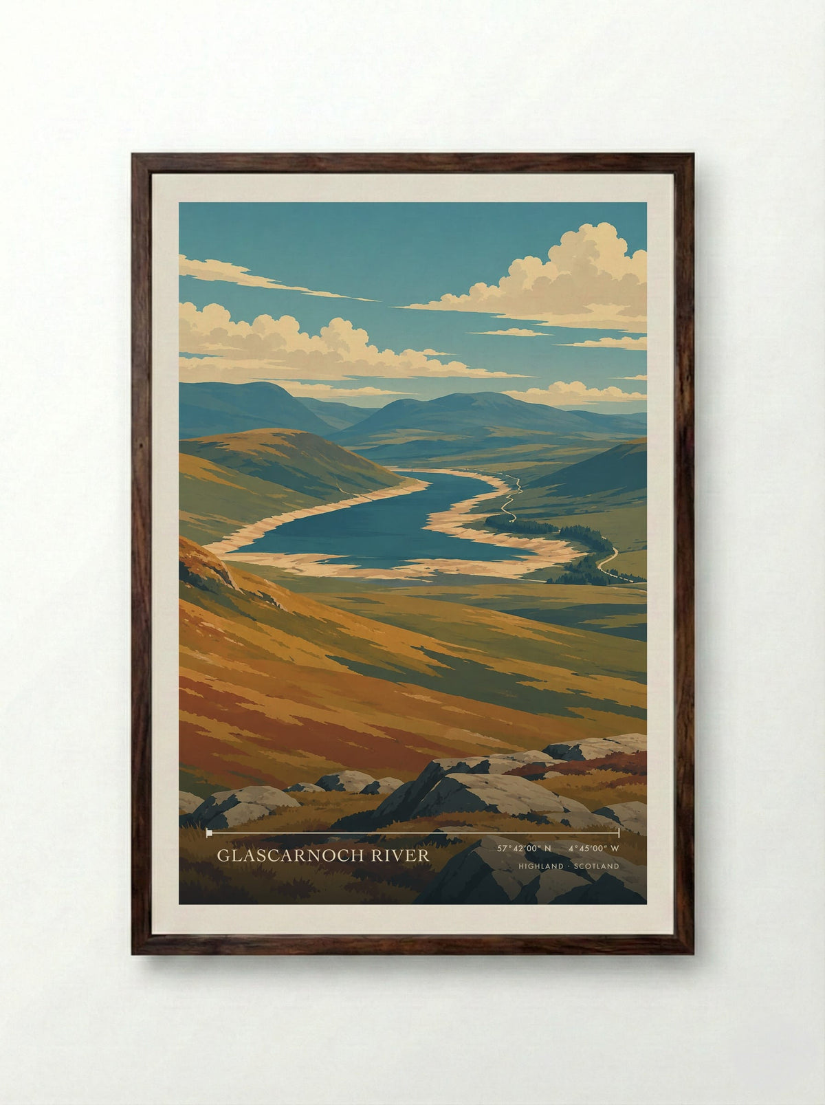 Glascarnoch River, Highland | Travel Poster - Framed Print Dark Wood