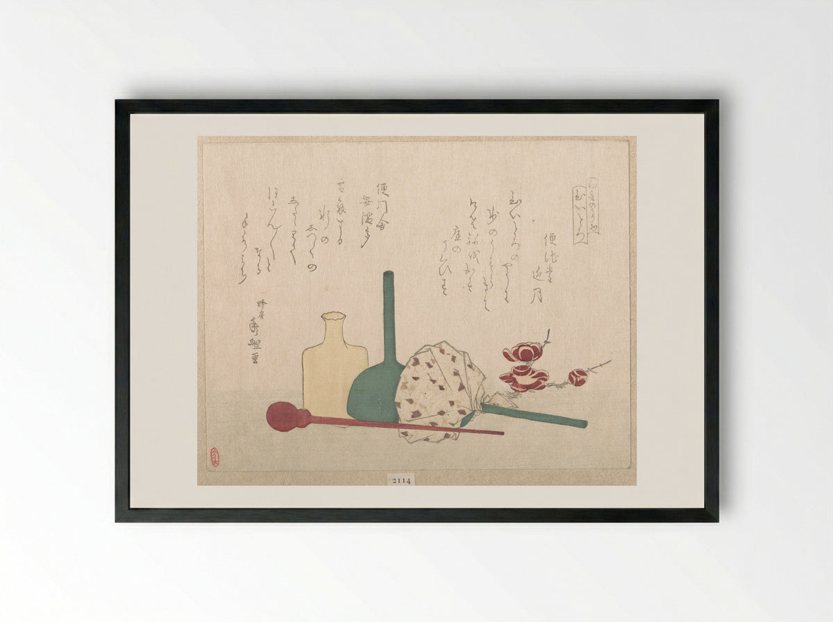 Glass-Wares with Plum Blossoms - Hachifusa Shūri - Framed Print Black