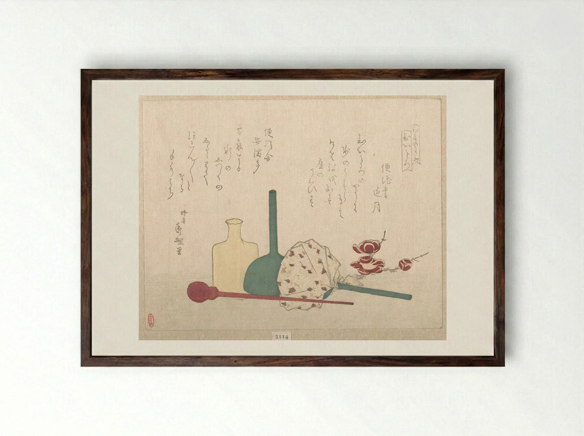 Glass-Wares with Plum Blossoms - Hachifusa Shūri - Framed Print Dark Wood