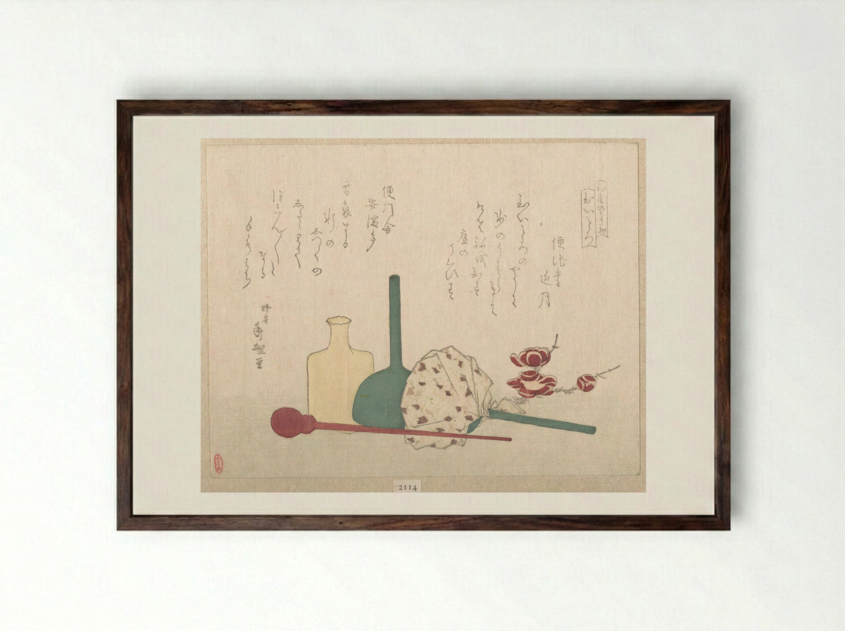 Glass-Wares with Plum Blossoms - Hachifusa Shūri - Framed Print Dark Wood