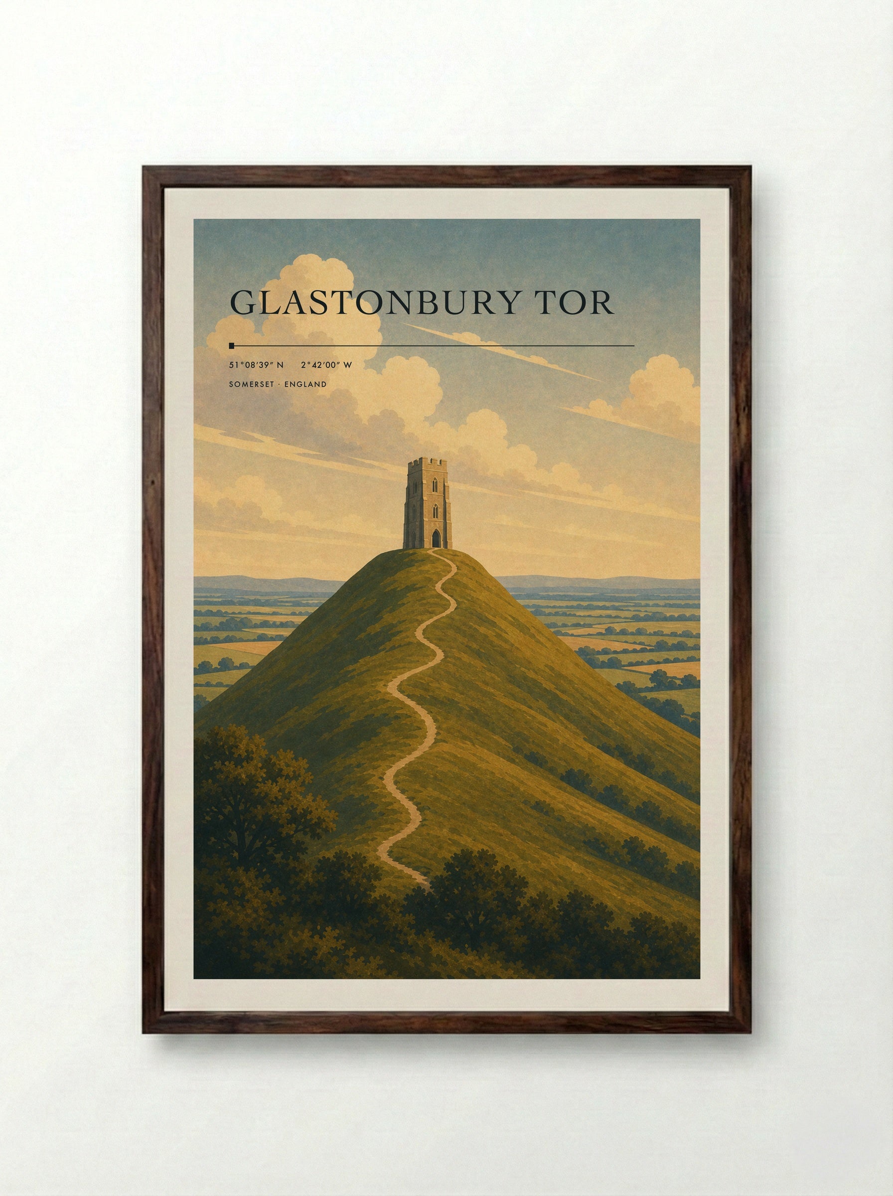 Glastonbury Tor Somerset England Travel Poster - Framed Print Dark Wood