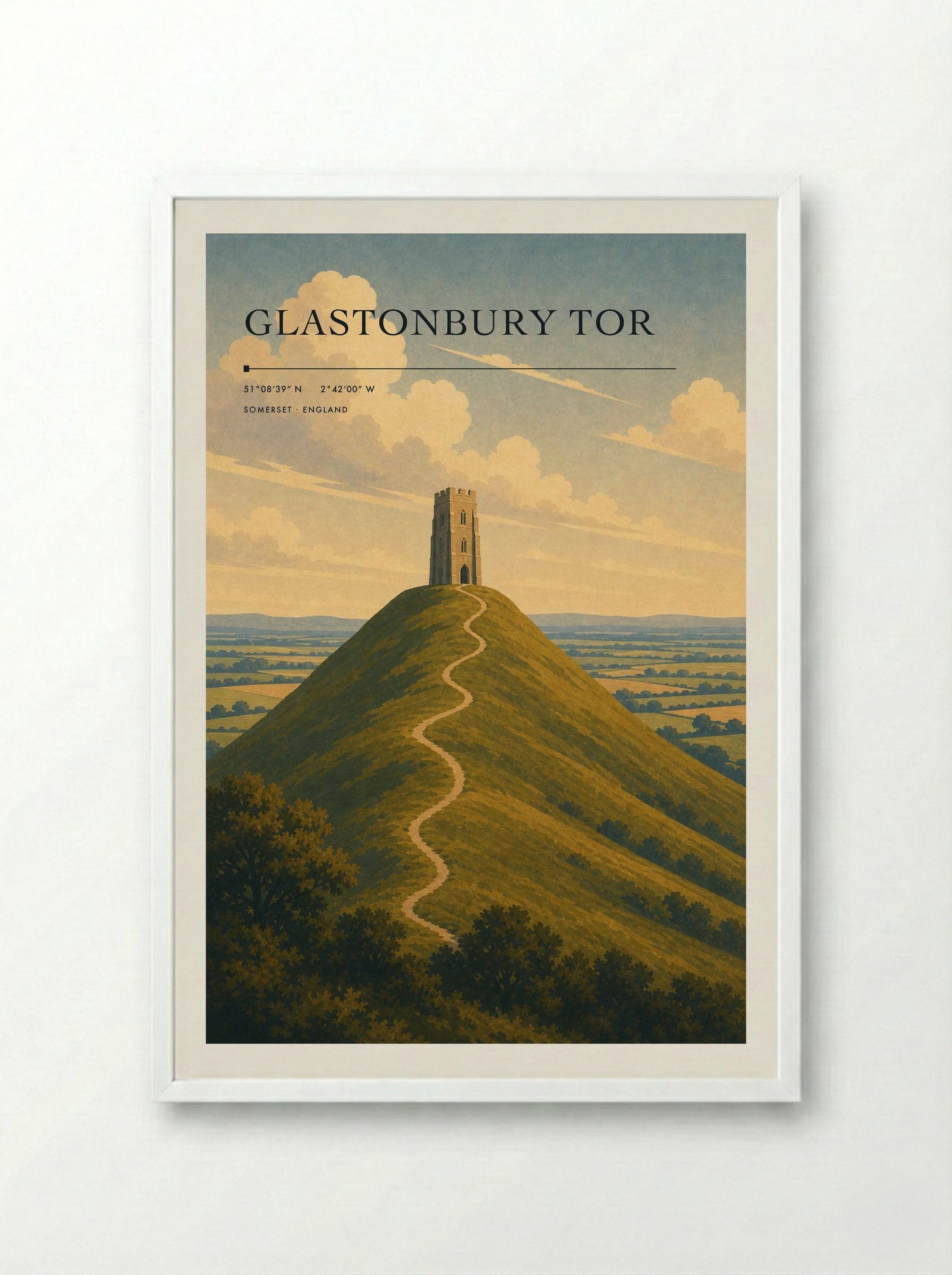 Glastonbury Tor Somerset England Travel Poster - Framed Print White