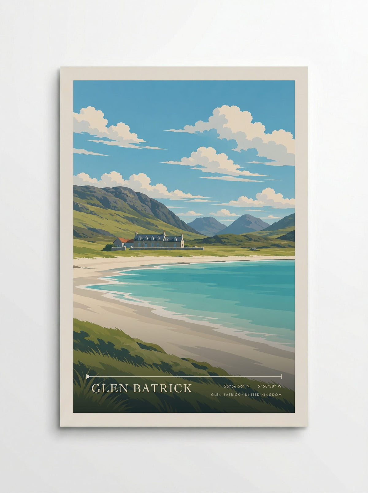 Glen Batrick travel poster: pale bay sands, turquoise shallows and a grey lodge below steep hills and rocky peaks in summer light