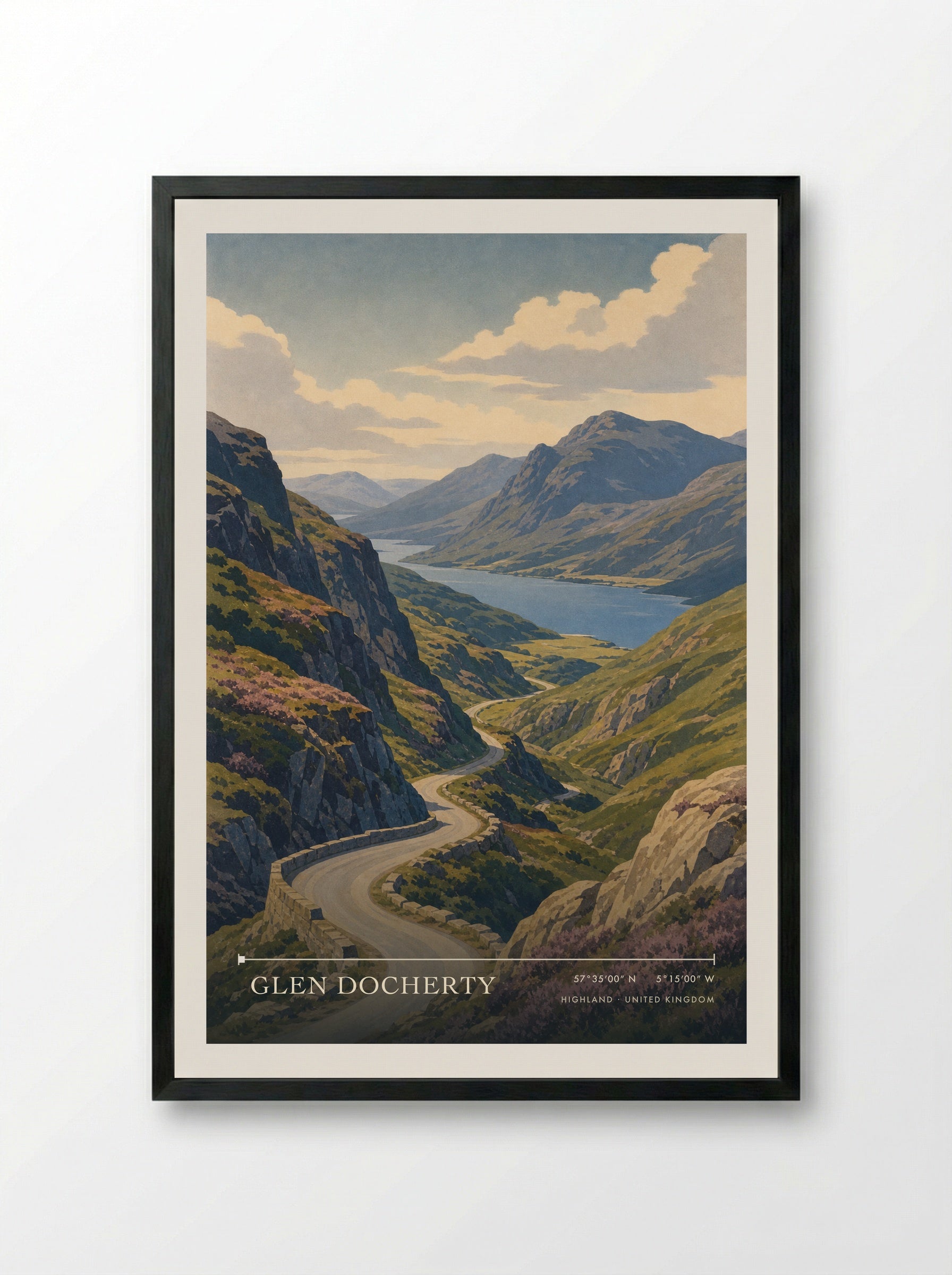 Glen Docherty Highland United Kingdom Travel Poster - Framed Print Black